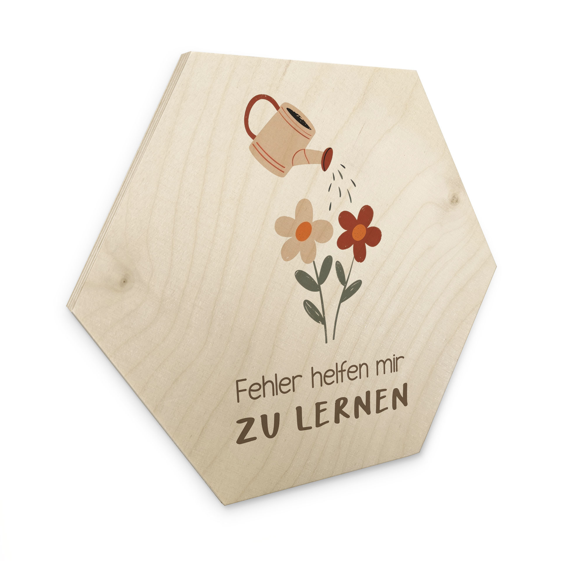 Holzbild Hexagon - Bestärkung 'Fehler helfen mir zu lernen' mit Gießkanne