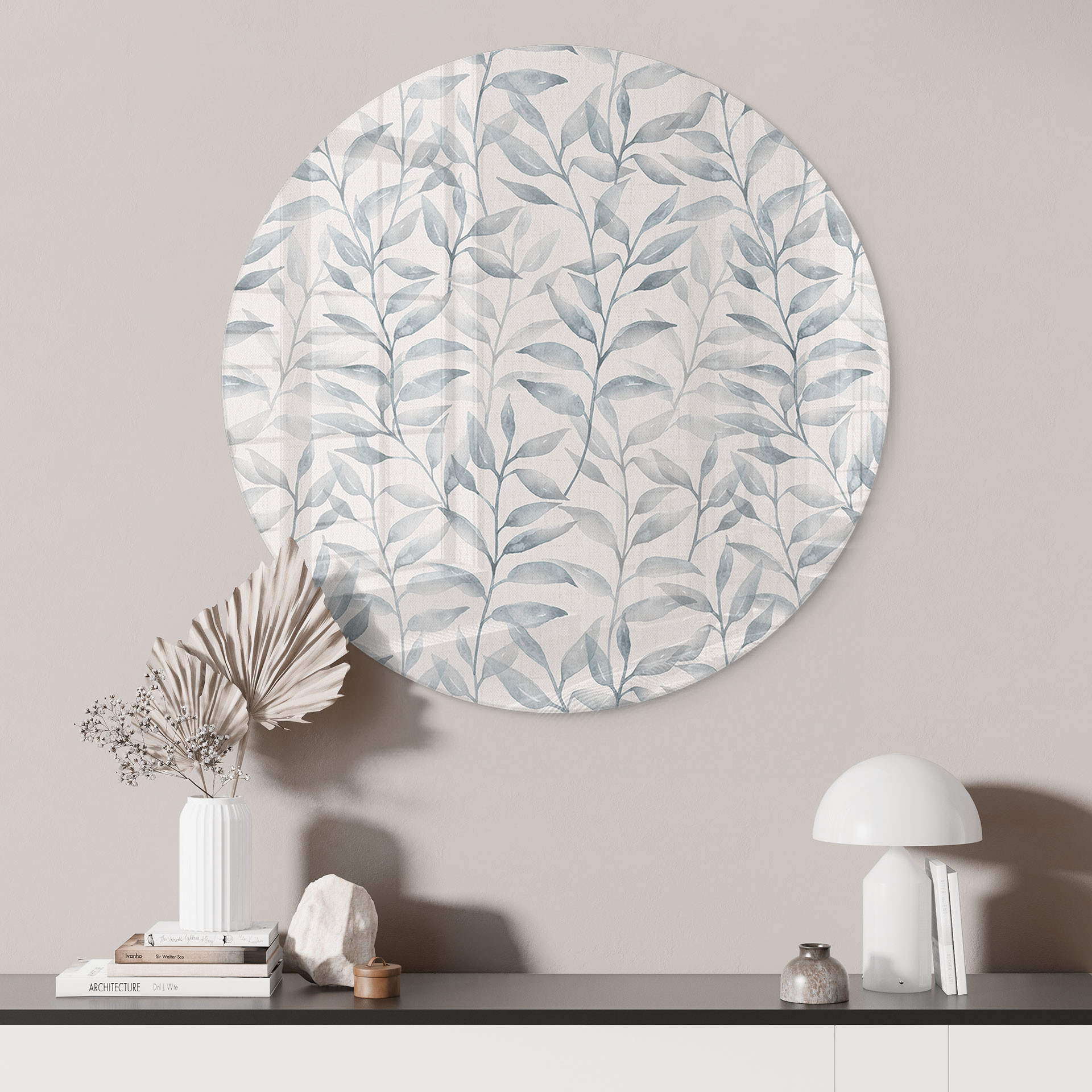 Glasbillede - Delicate Watercolour Leaves - Soft Grey - Bloomery Decor - Round
