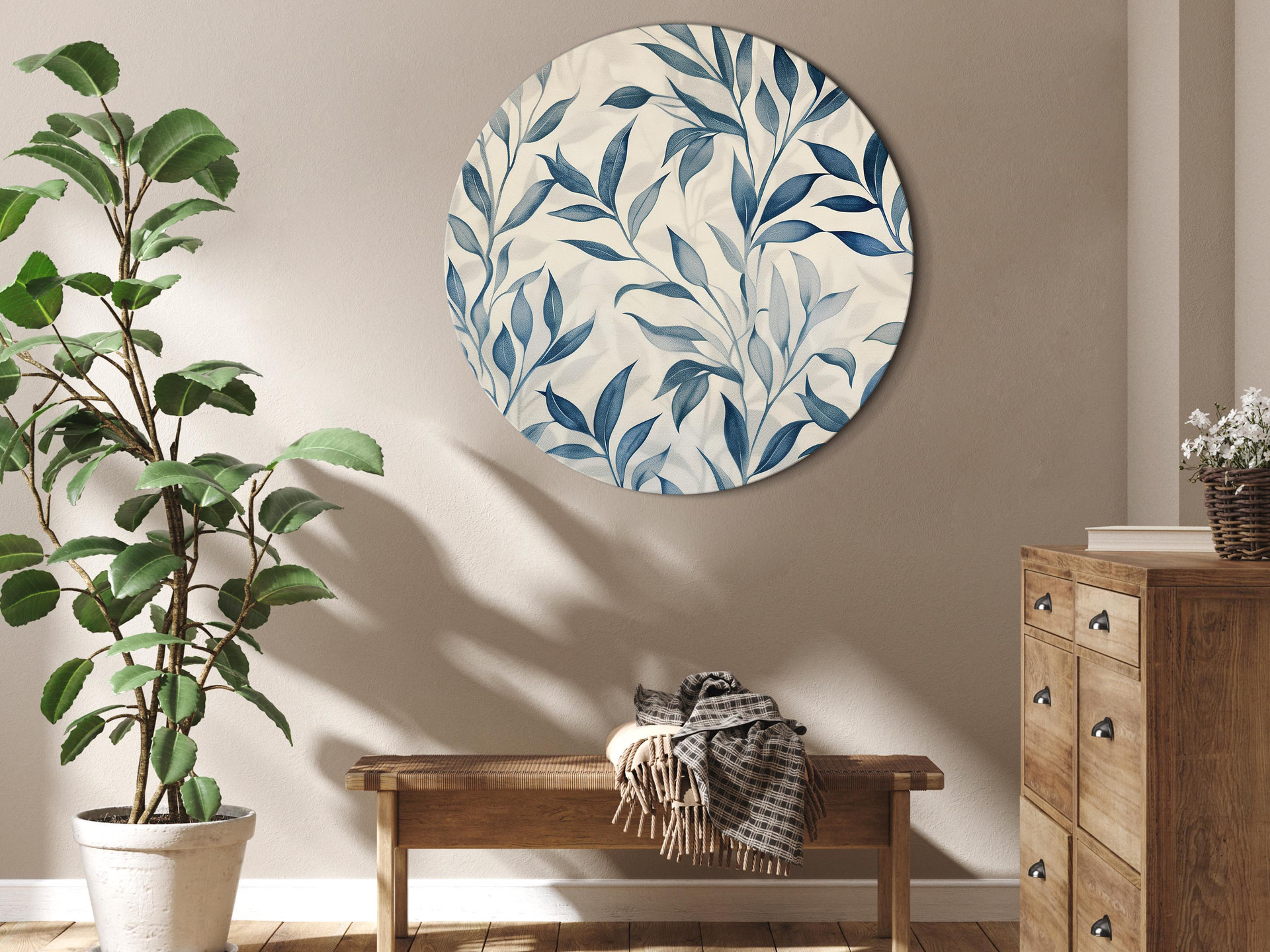Rundes Leinwandbild Blaue Blätter: Zartes botanisches Motiv