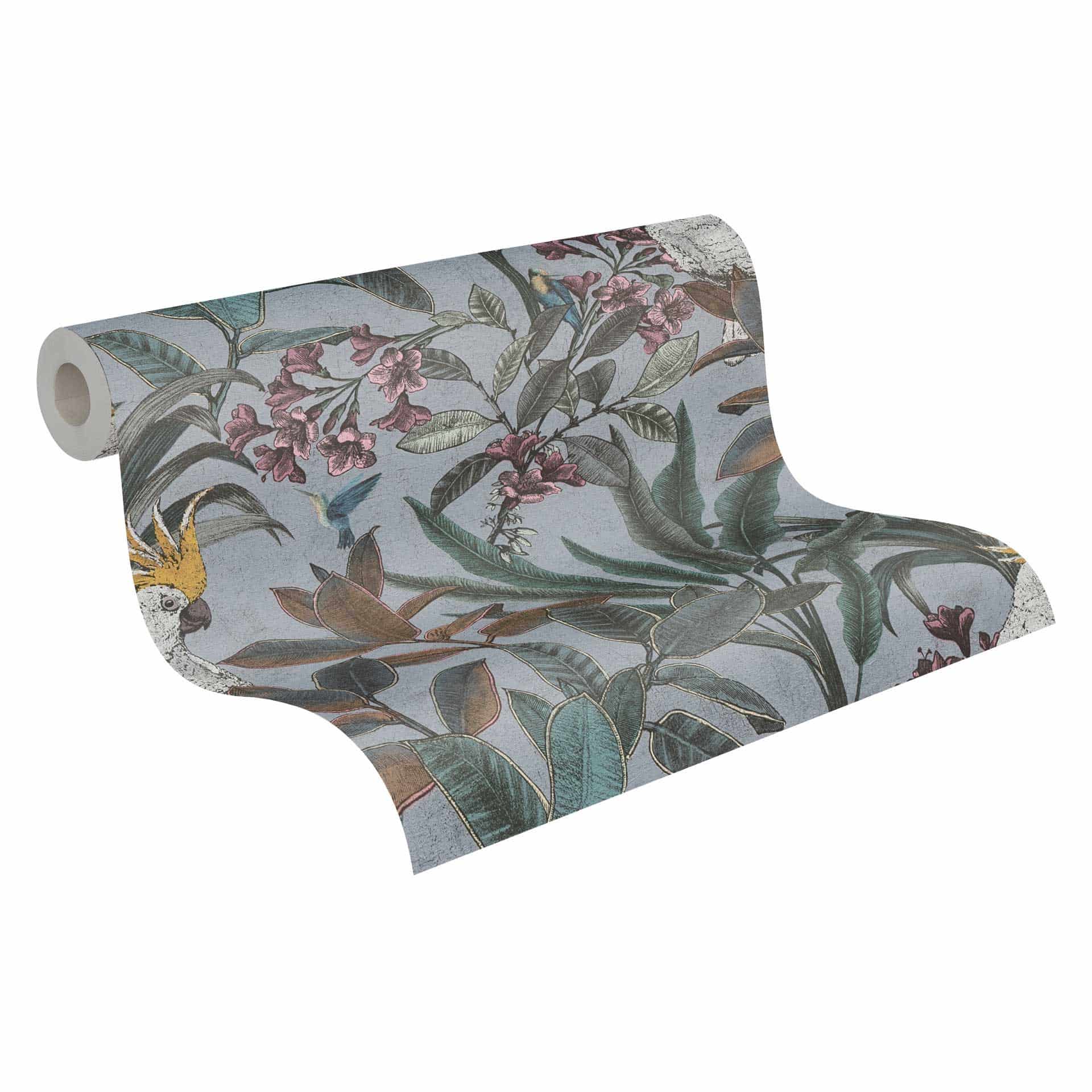 Jungle behang met kaketoe - Vliesbehang in paars groen geel - exotisch patroon behang
