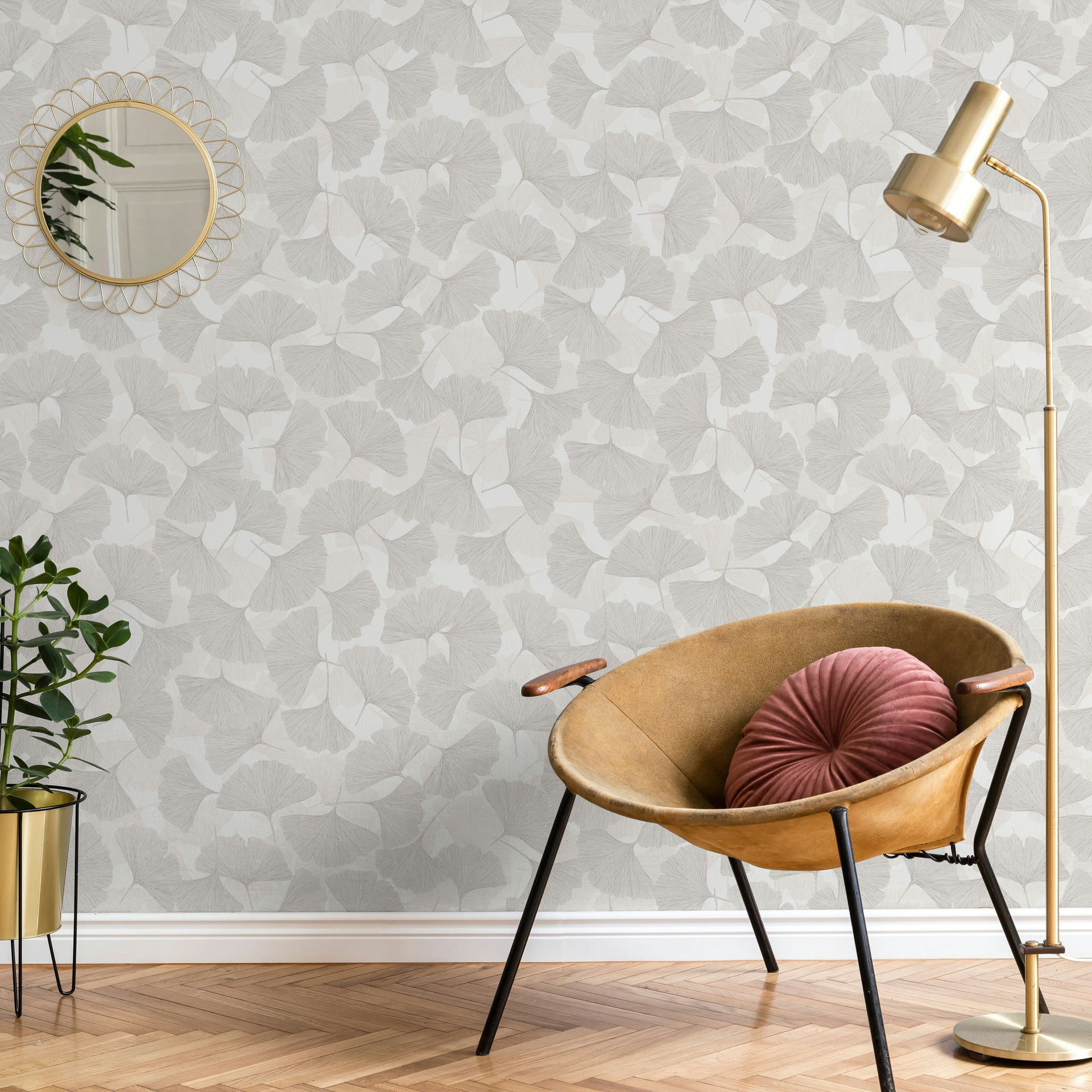 Vliesbehang 3D, bladeren bloem natuur mat in grijs beige