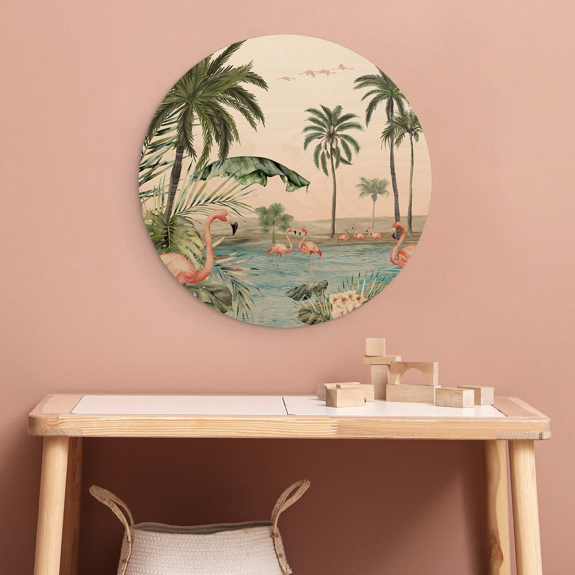 Obraz drewniany Kikki Belle - Flamingo Oasis - okrągły