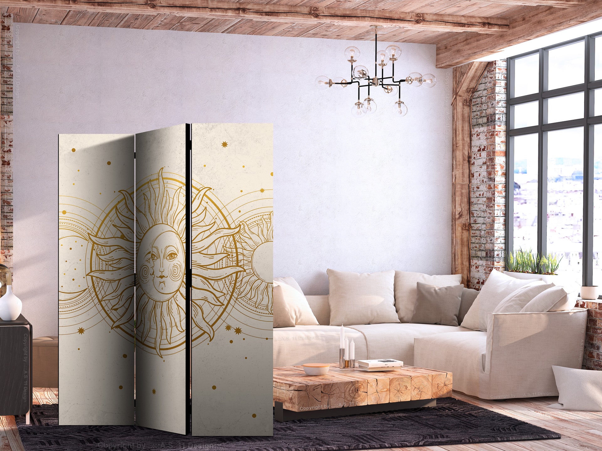 Paravent, Raumteiler freistehend, Trennwand - Golden Sun and Moon - Artistic Retro Style Illustratio