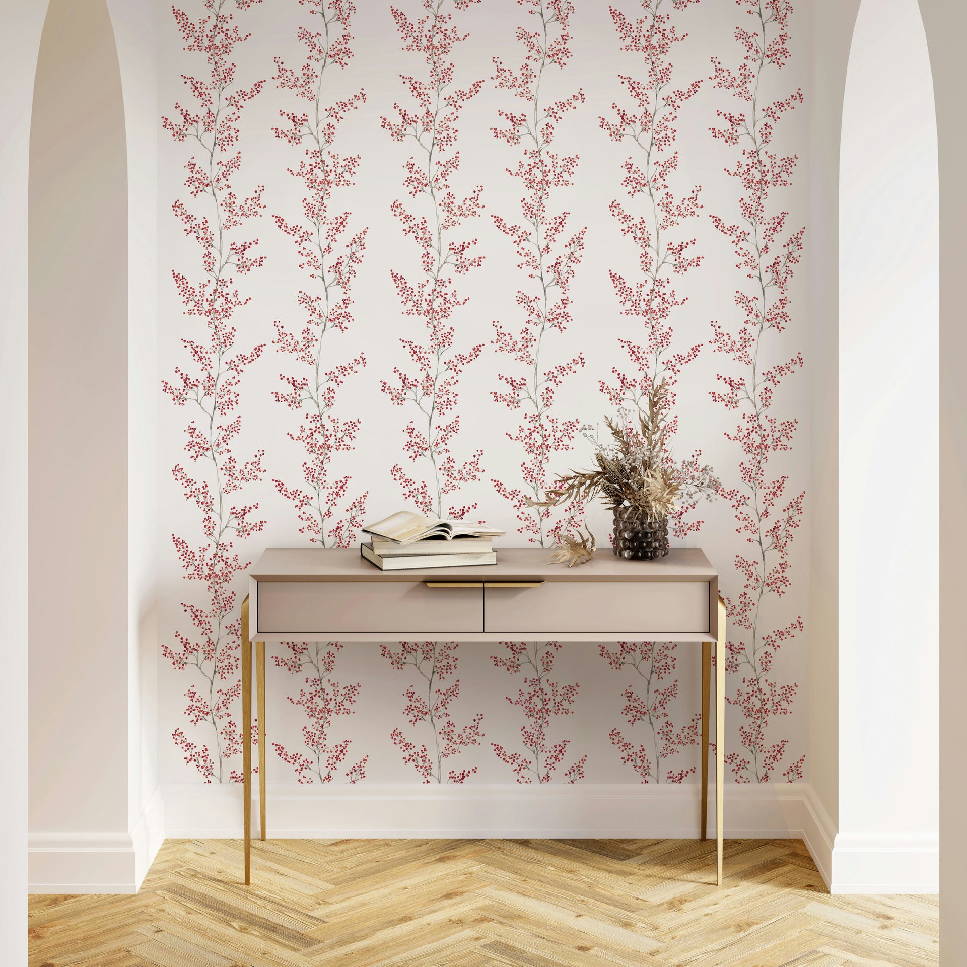 Vliesbehang bladeren, takken bloem natuur mat in wit rood