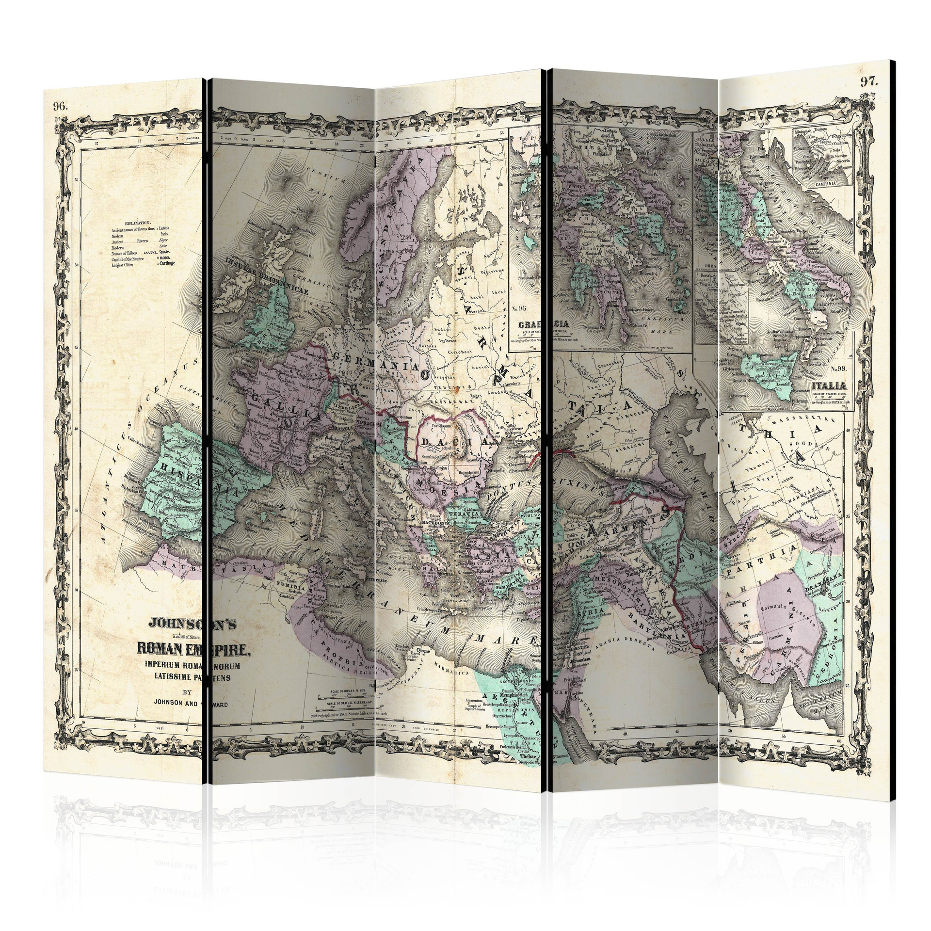Skærm til rumopdeling - Verdenskort - Den romerske odyssé, 5-delt - 225x172 cm