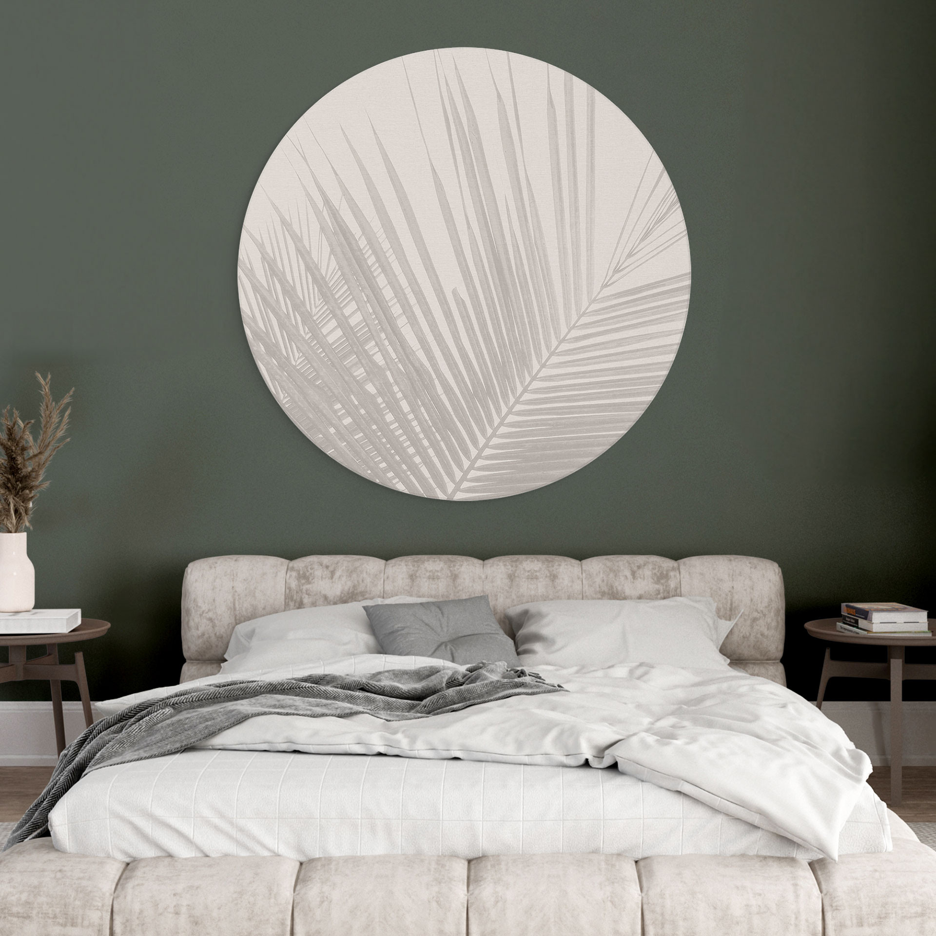 Billede af palmeblade i hørlook - Bloomery Decor - rund – print på aluminium (Alu-Dibond)