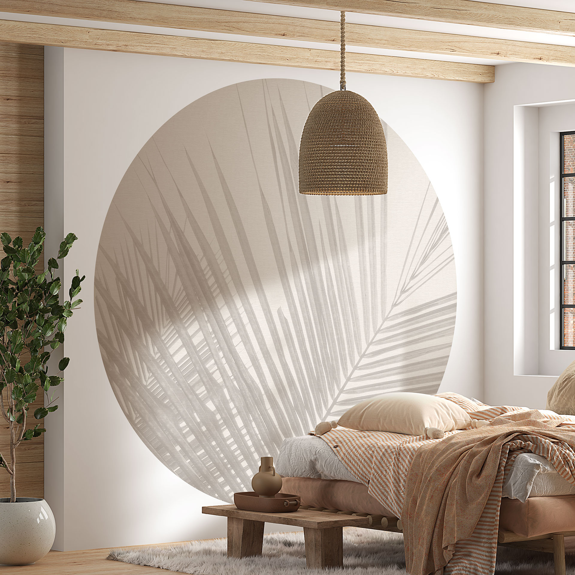 Linnen-effect palmbladeren Fotobehang - Bloemdecor - Rond - Zelfklevend/niet-geweven