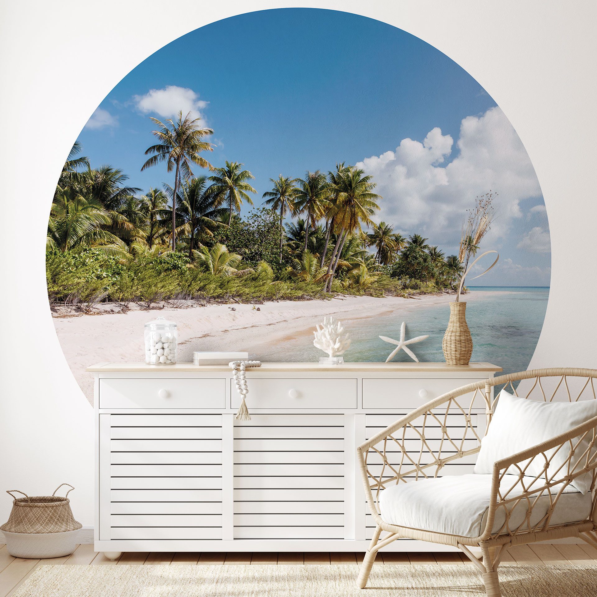 Tropisch - Palmstrand in de Zuidzee - Colombo - Fotobehang rond - vliesbehang/zelfklevend vliesbehan
