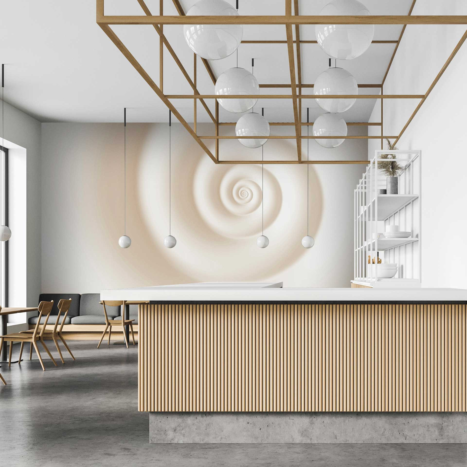 Swirl design fotobehang in crème - hypnotiserend vliesbehang voor moderne ruimtes
