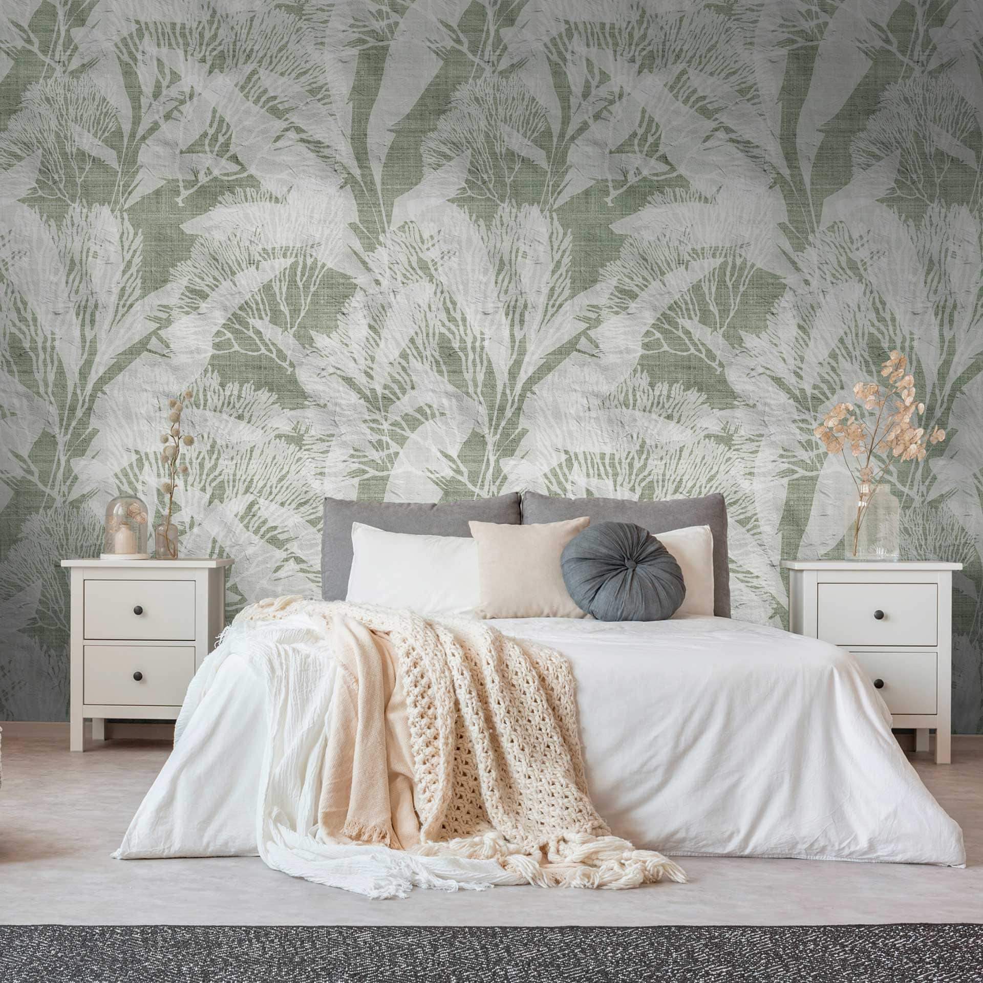Botanisch behang groen wit - vliesbehang met bladmotief voor woonkamer & slaapkamer