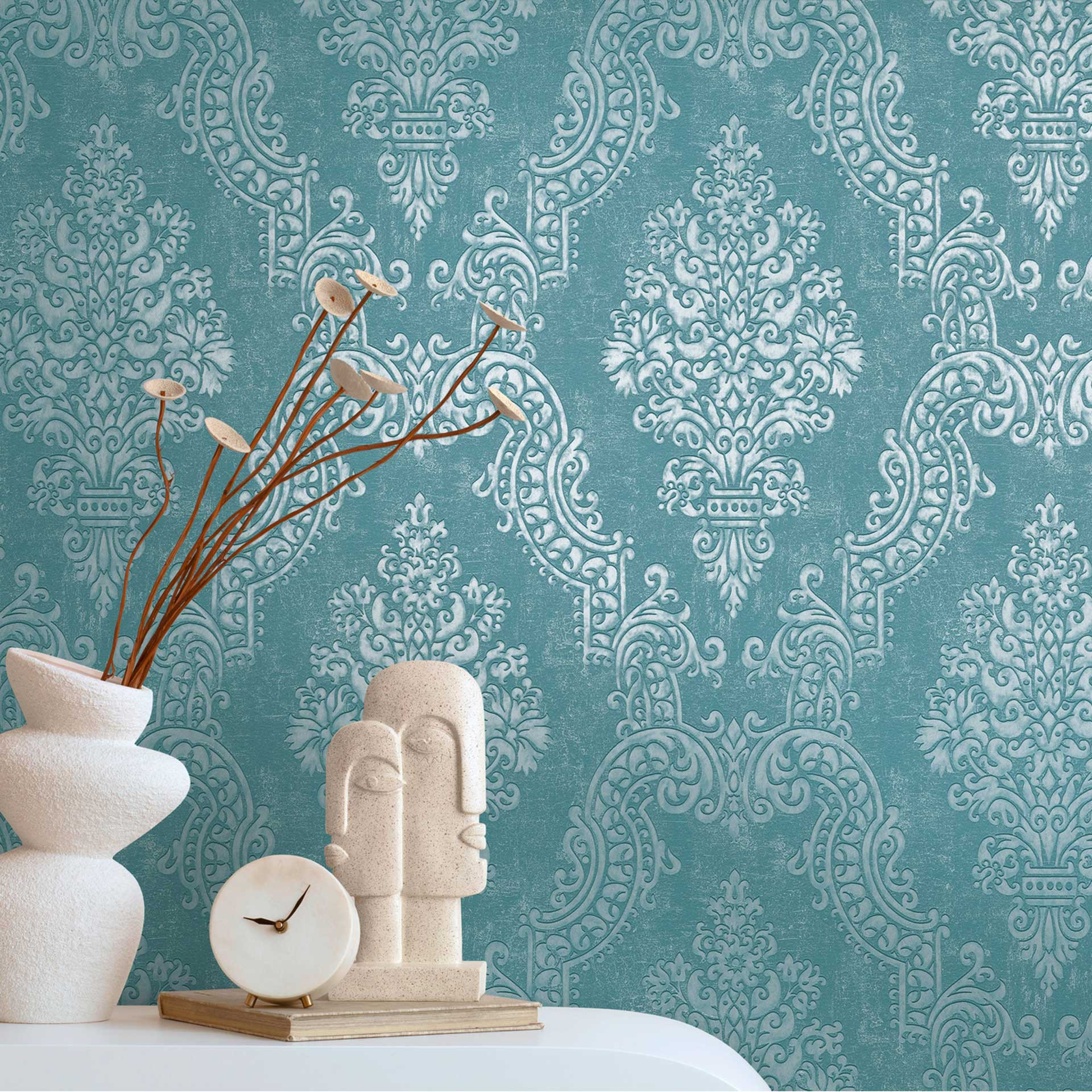 Barok ornamenteel turquoise blauw behang - klassiek Vliesbehang met reliëf - Patroonbehang