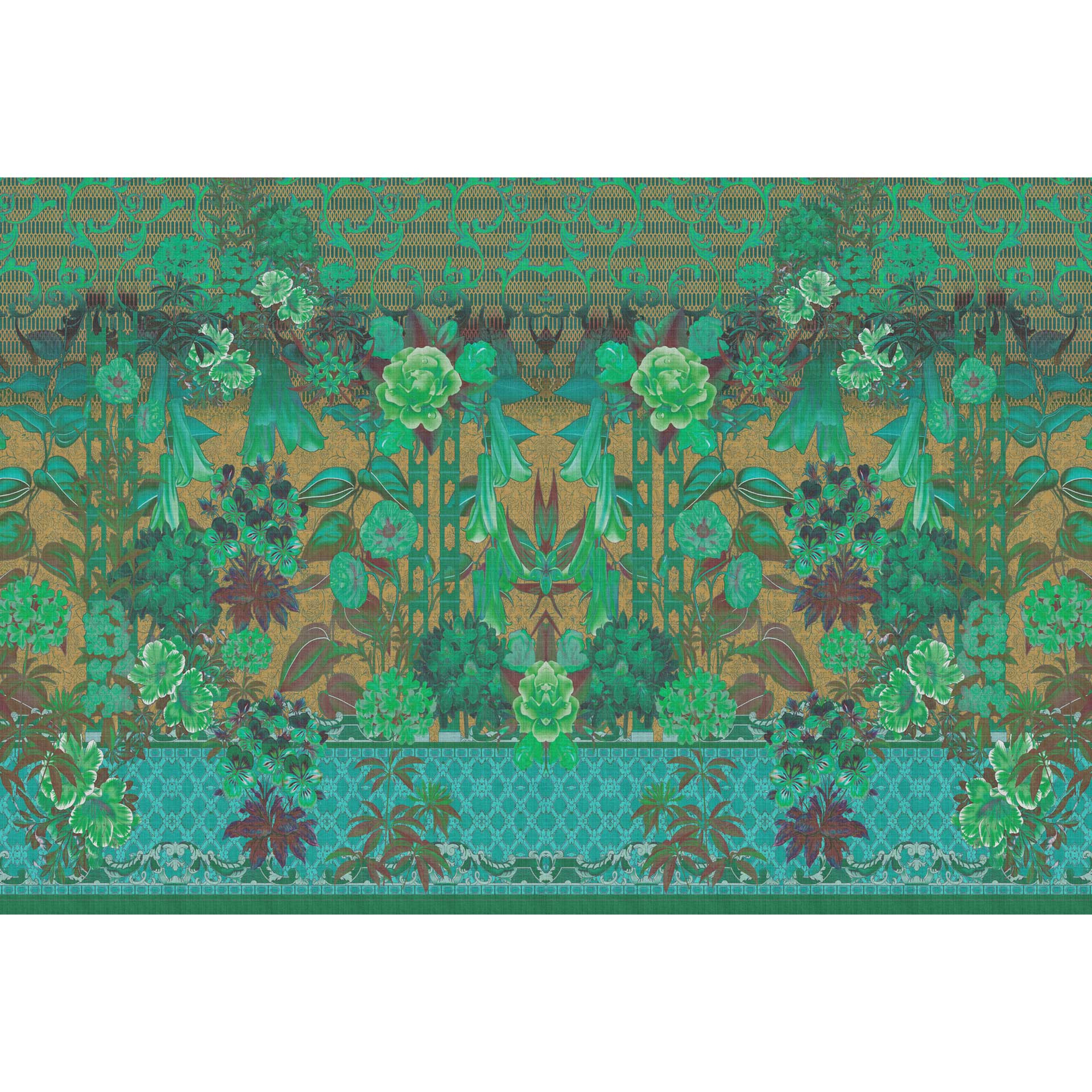 Klassiek vintage bloemen behang - groene accenten op goud - vlies