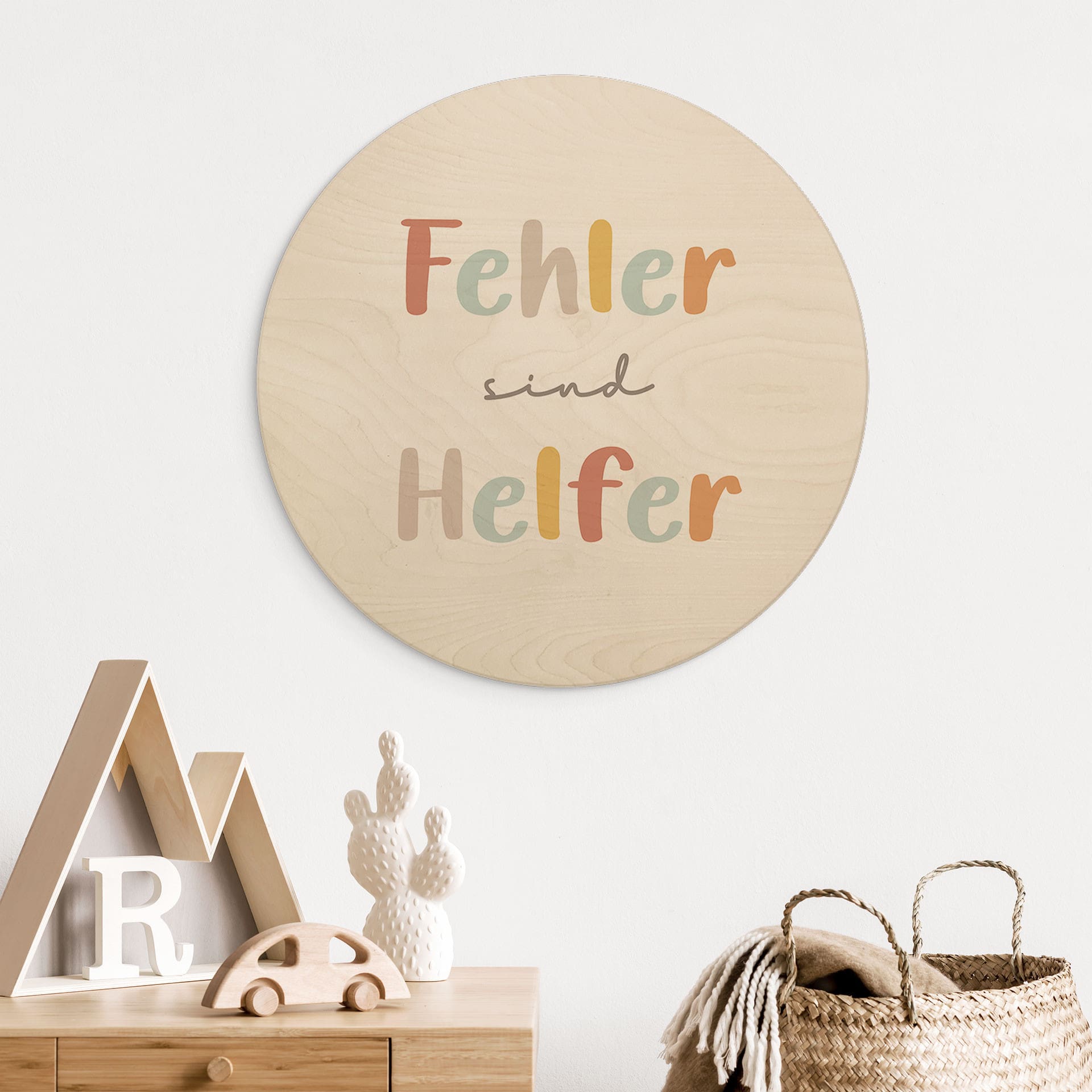 Rundes Holzbild - 'Fehler sind Helfer' in bunter Schrift