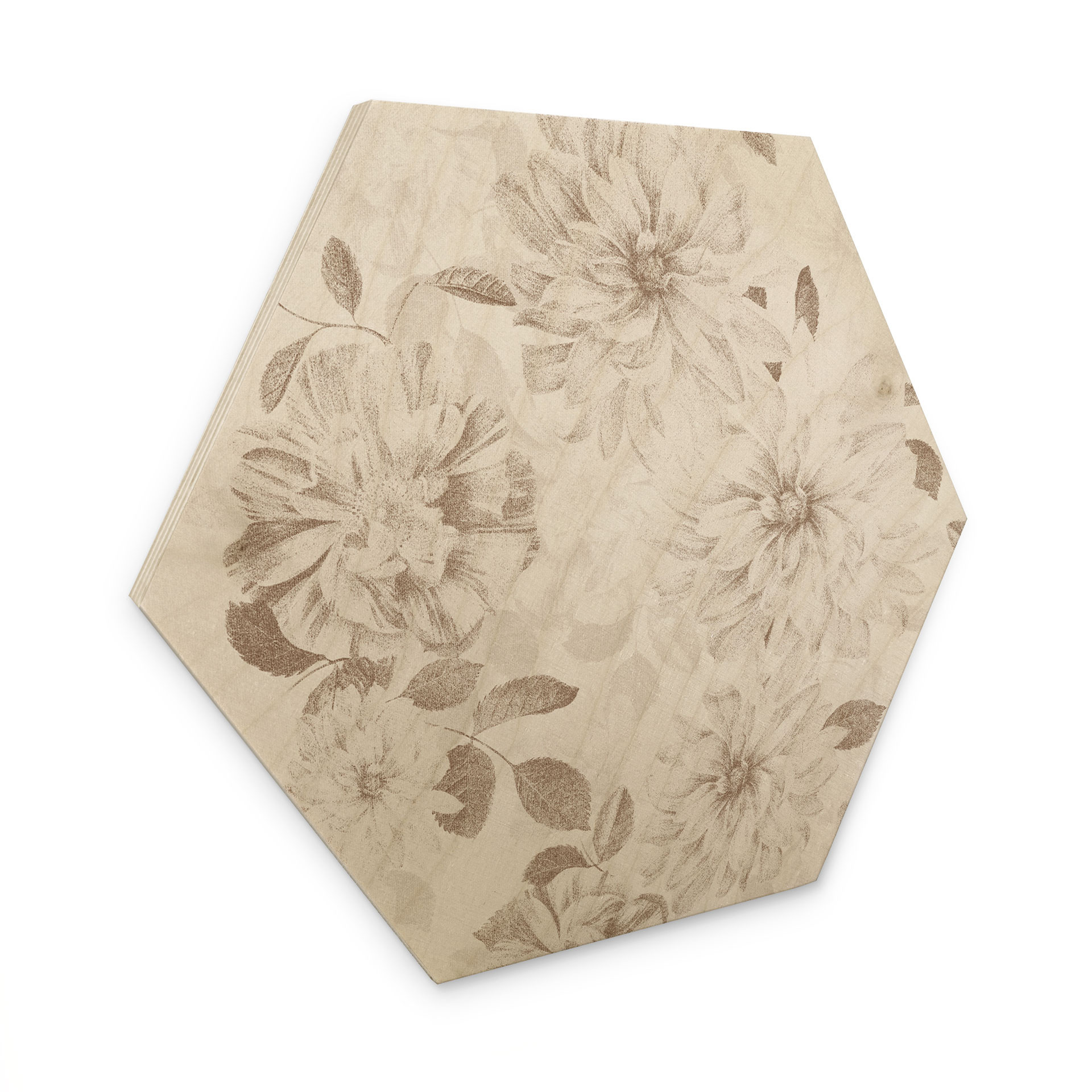 Sekskantet billede af træ Dahliaer Shabby Chic Beige - Bloomery Decor