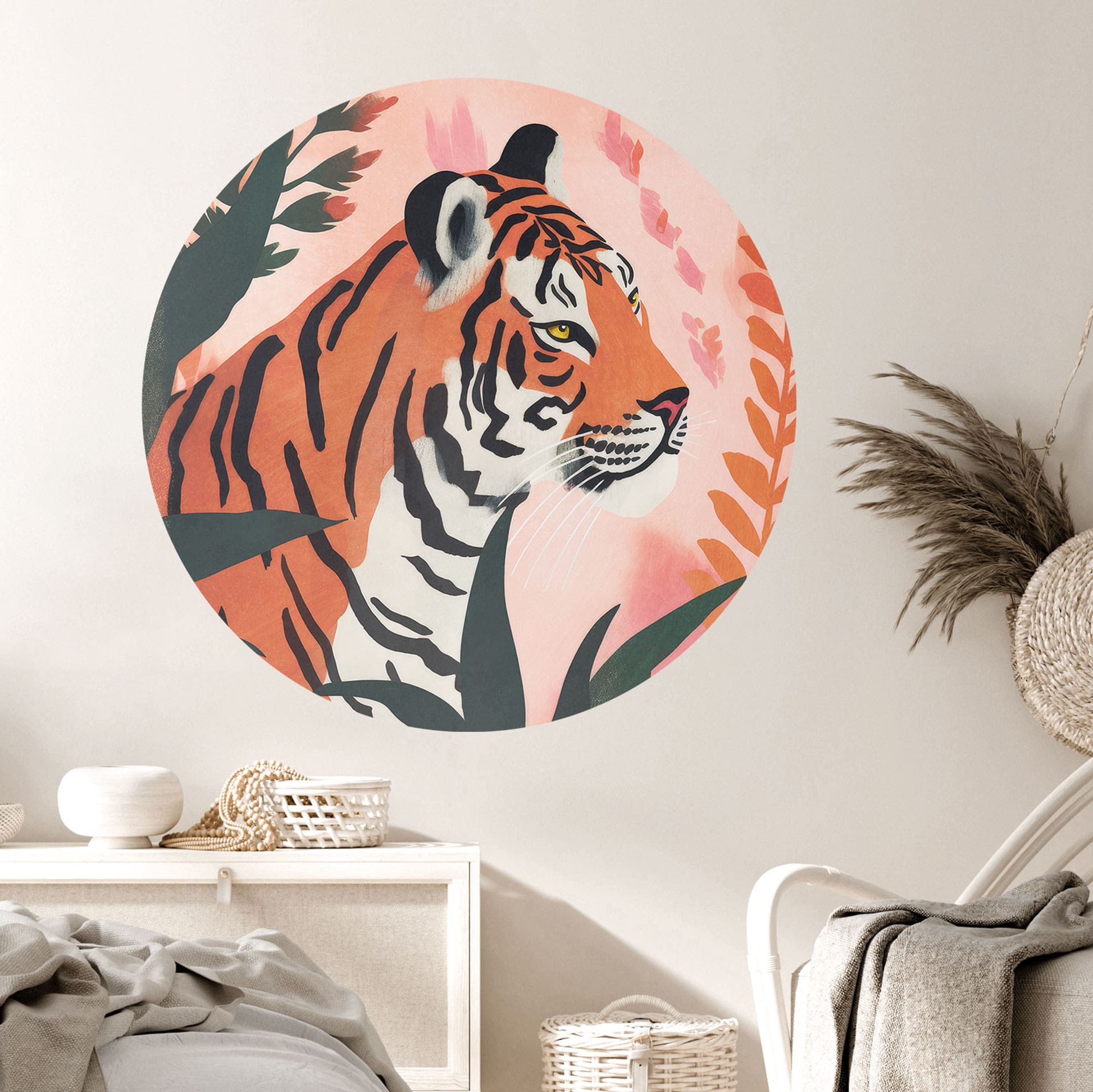 Wandtattoo Tiger im rosa Dschungel - Treechild - Rund