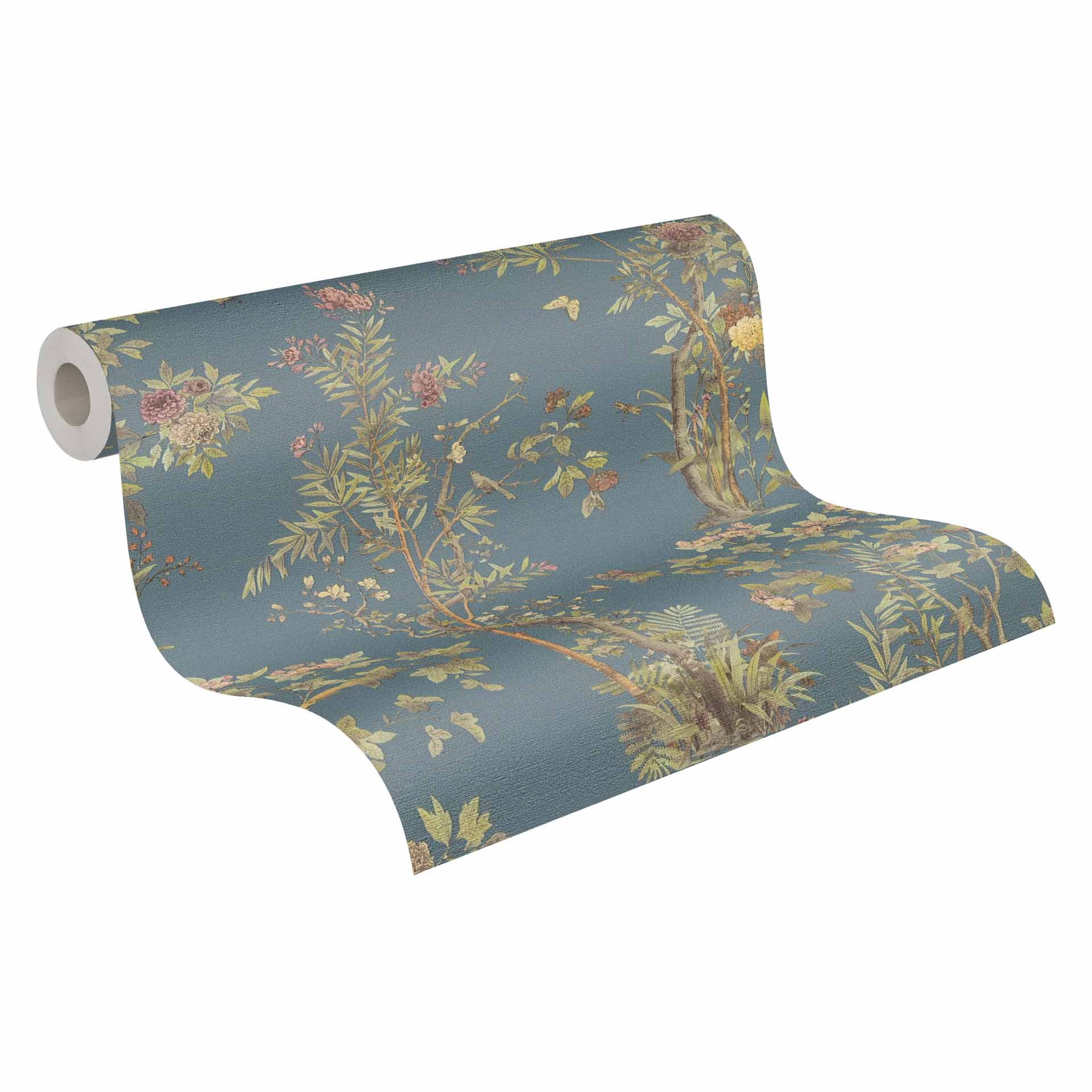 Patroonbehang met vlinders blauw groen roze - Vliesbehang natuurmotief