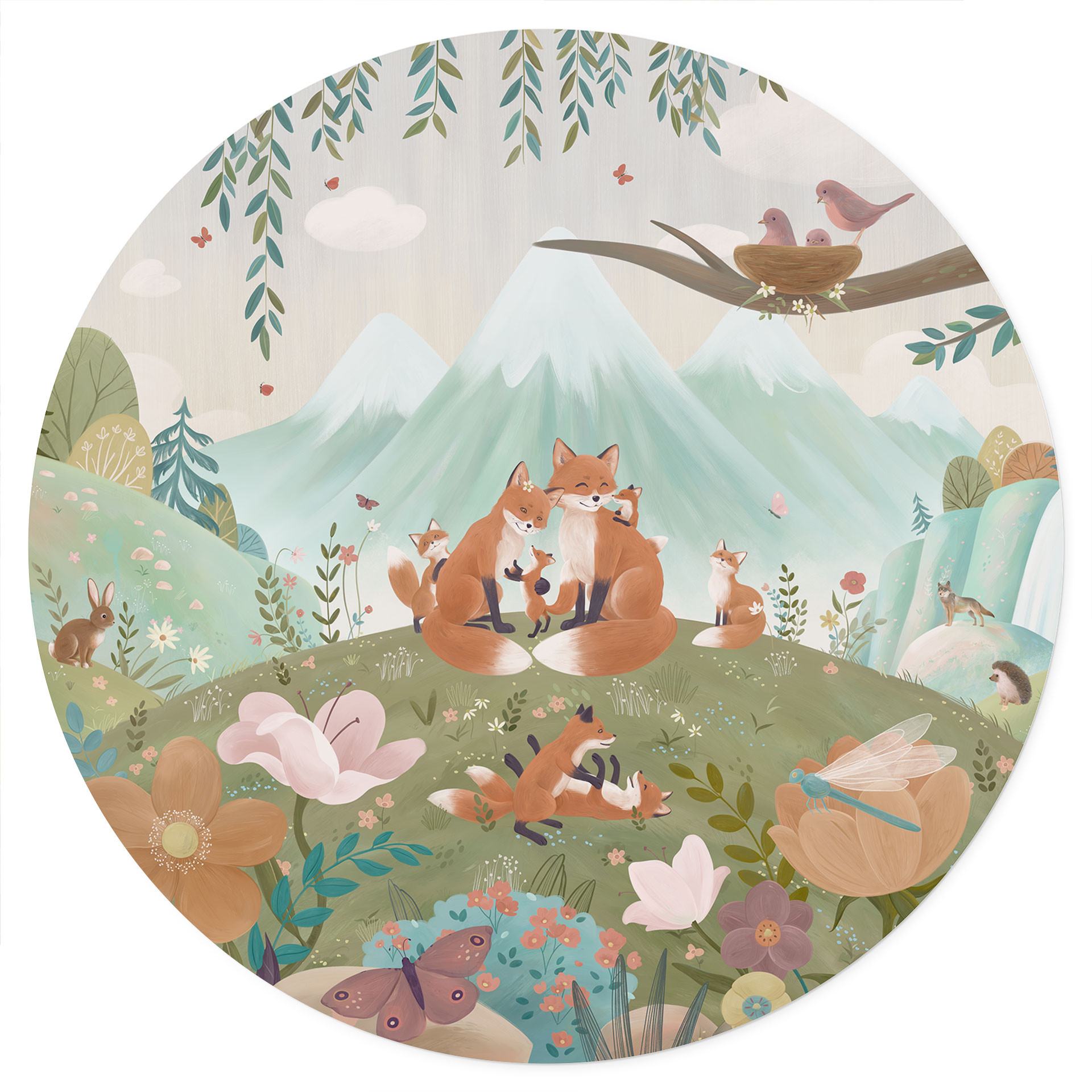 Wandtattoo Fuchs Familie auf der Blumenwiese - Oliver Robins - Rund