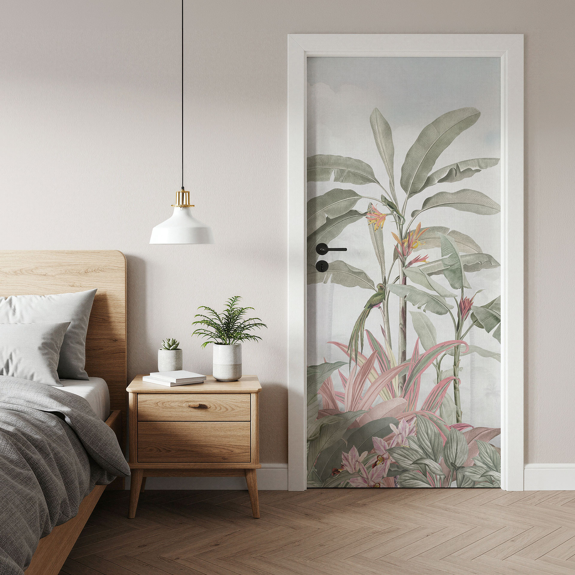 Folia na drzwi Tropikalna idylla z niebieskim kolibrem - Bloomery Decor - samoprzylepna dekoracja na