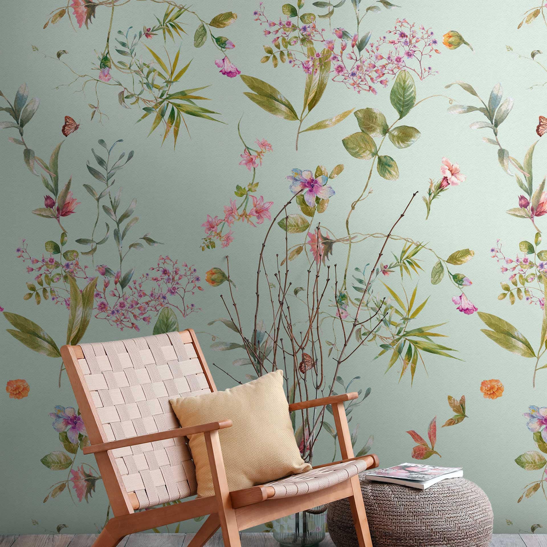 Bloemen behang mintgroen bont - vliesbehang met bloemmotief voor slaapkamer & woonkamer