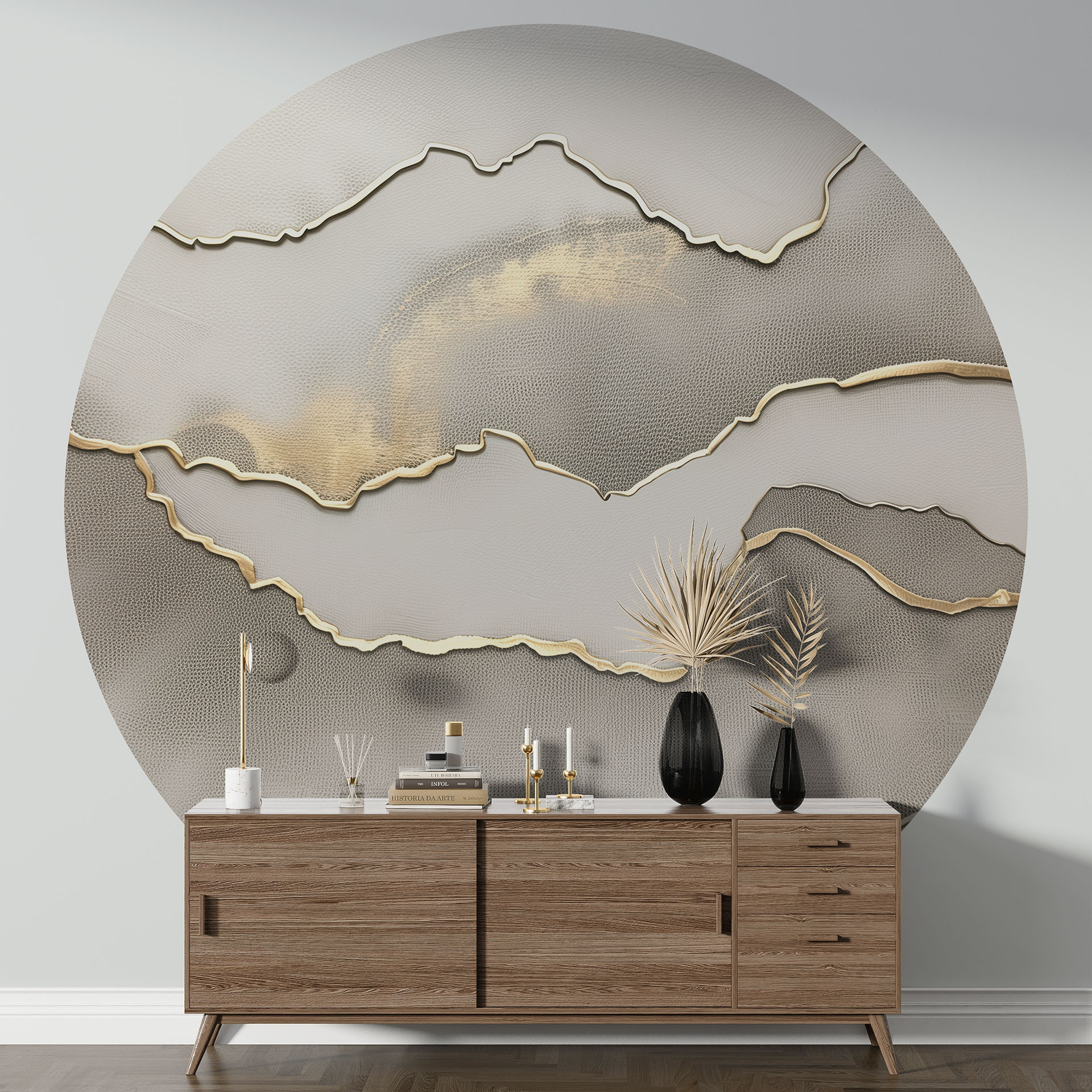 Behangcirkel Abstract landschap met metallic kleuren - Alma - vliesbehang/zelfklevend vliesbehang