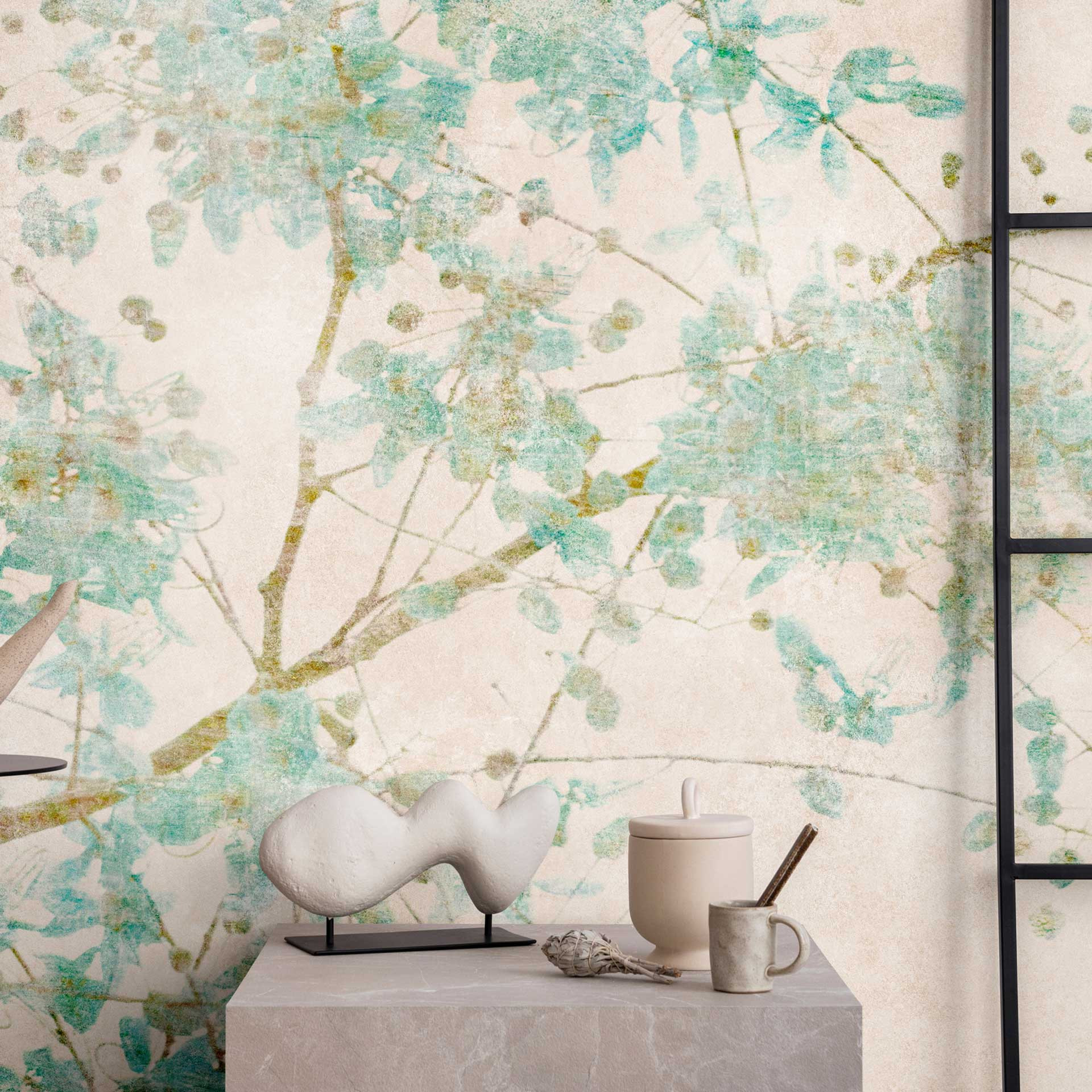Aquarel bloesem takken behang muurschildering in pastel blauw - vliesbehang met een delicate look
