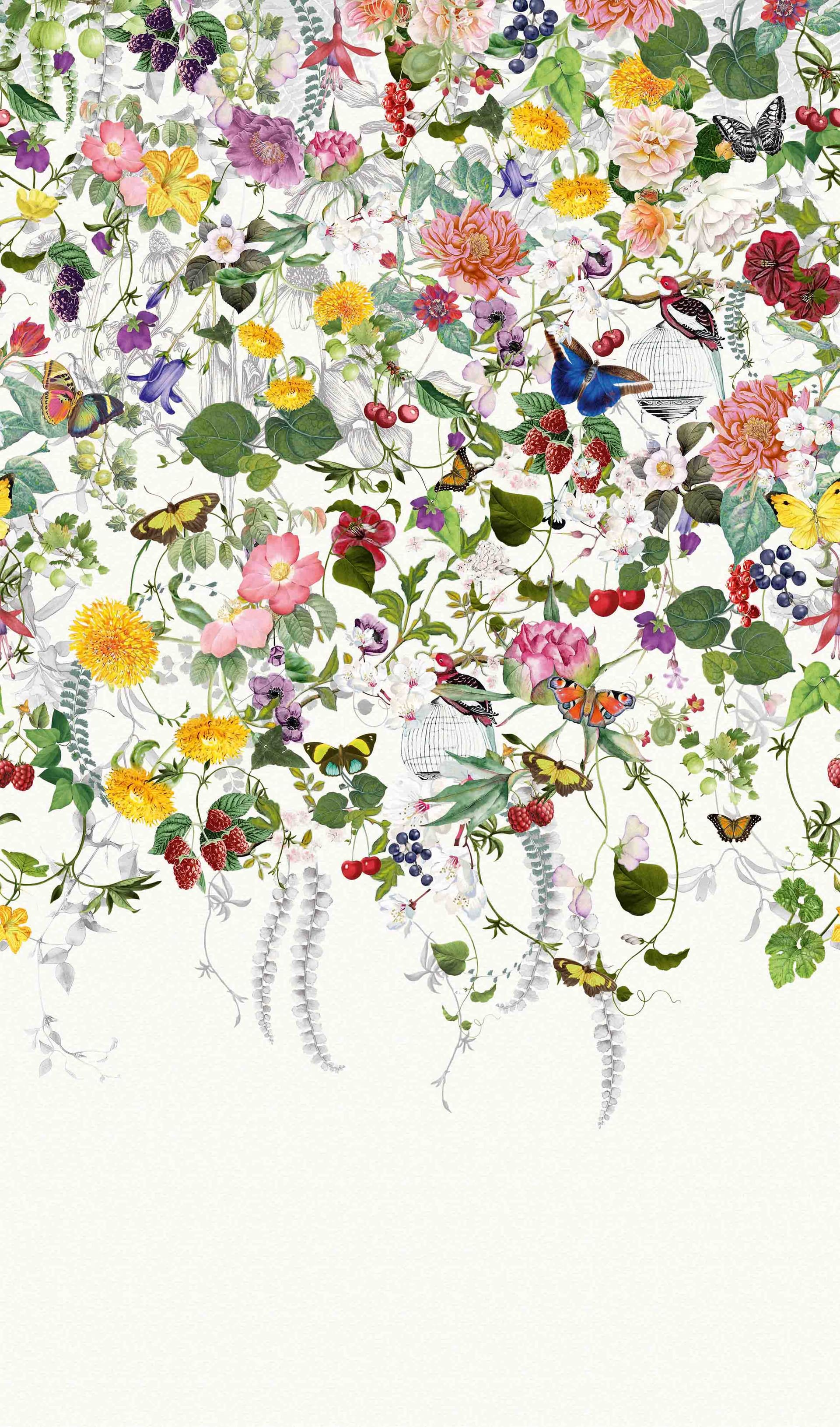 Papier peint photo Prairie fleurie multicolore avec papillons et baies Vintage 2,7 x 1,59 m
