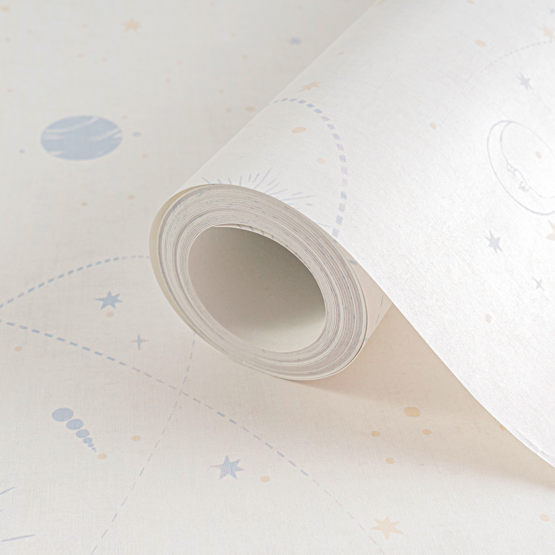 Ruimtebehang beige blauw - kinderbehang met sterren & planeten