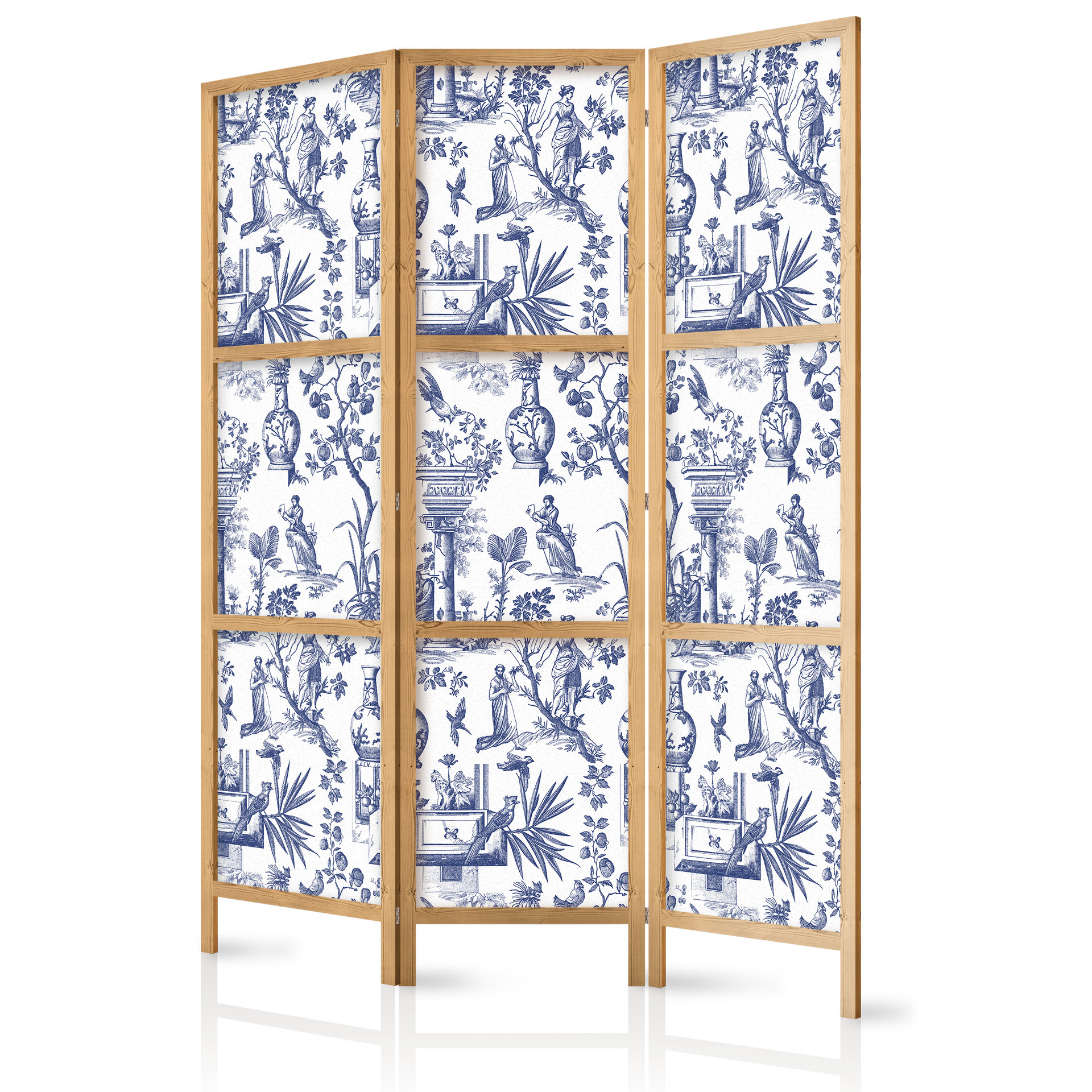 Japanischer Paravent, Raumteiler freistehend, Trennwand - Rome and Botany: Blue Greek and Plant Patt