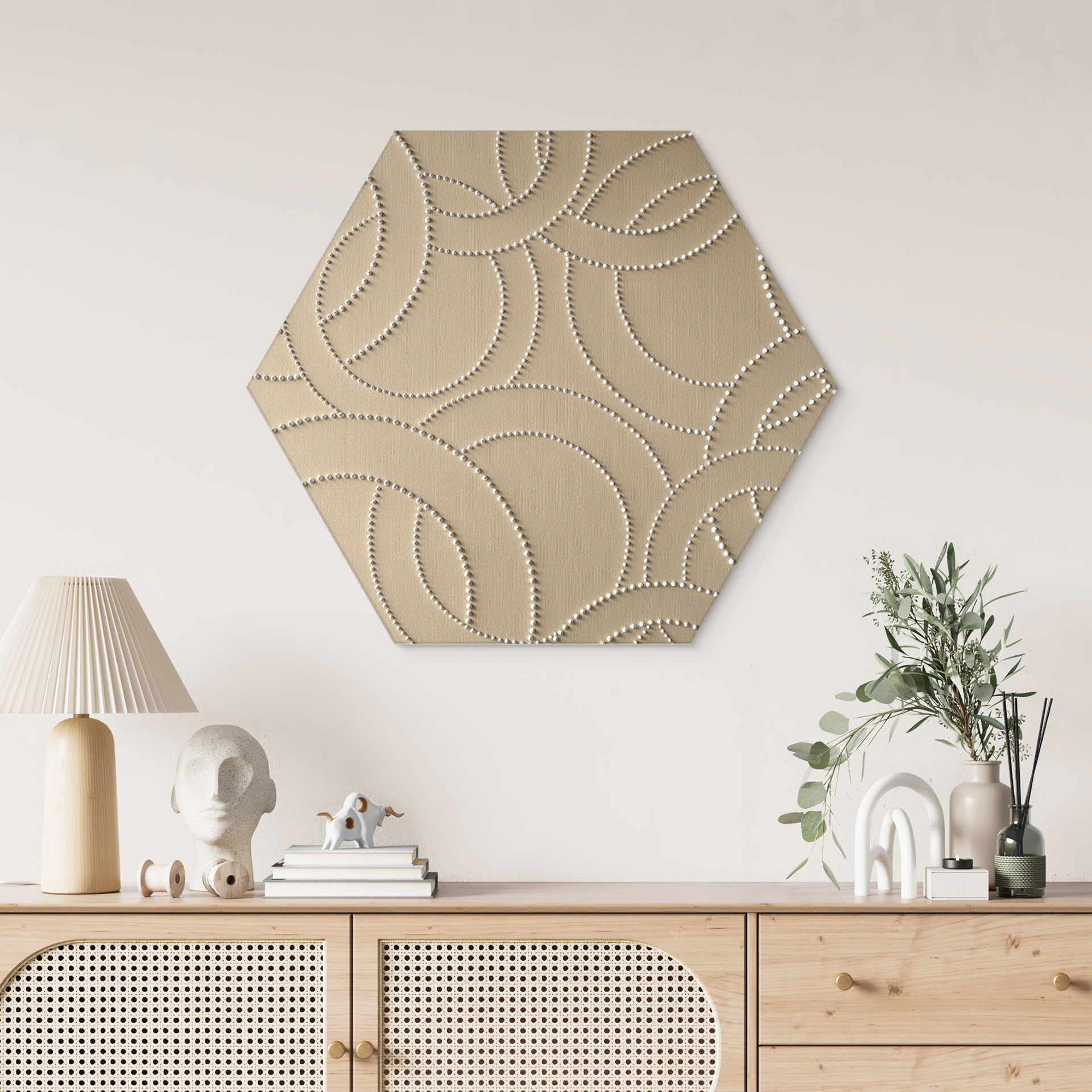 Sekskantet billede Abstrakte ringe beige - Grande - Alu-Dibond