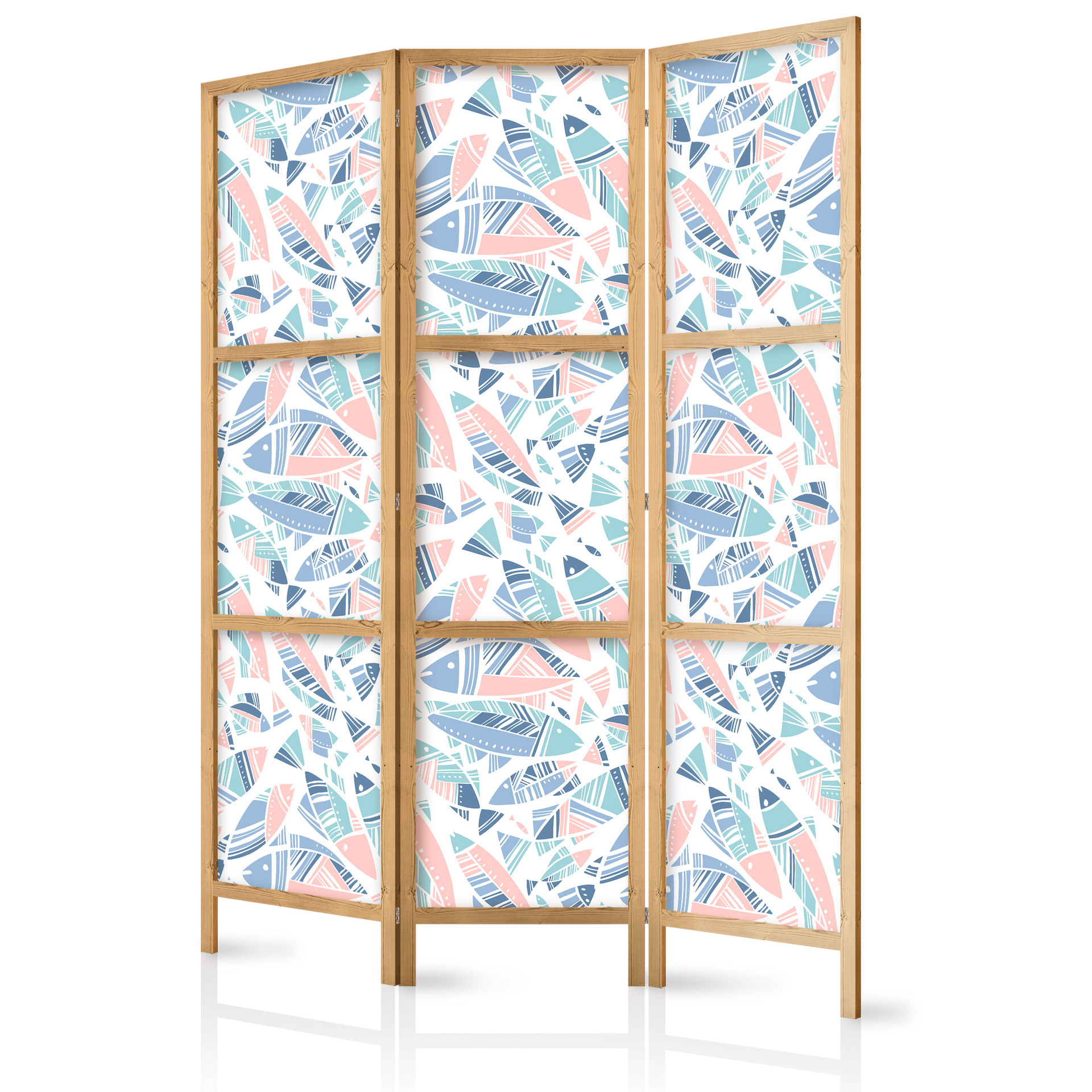 Japanischer Paravent, Raumteiler freistehend, Trennwand - Fish in Aztec Style in Pastel Color Shade