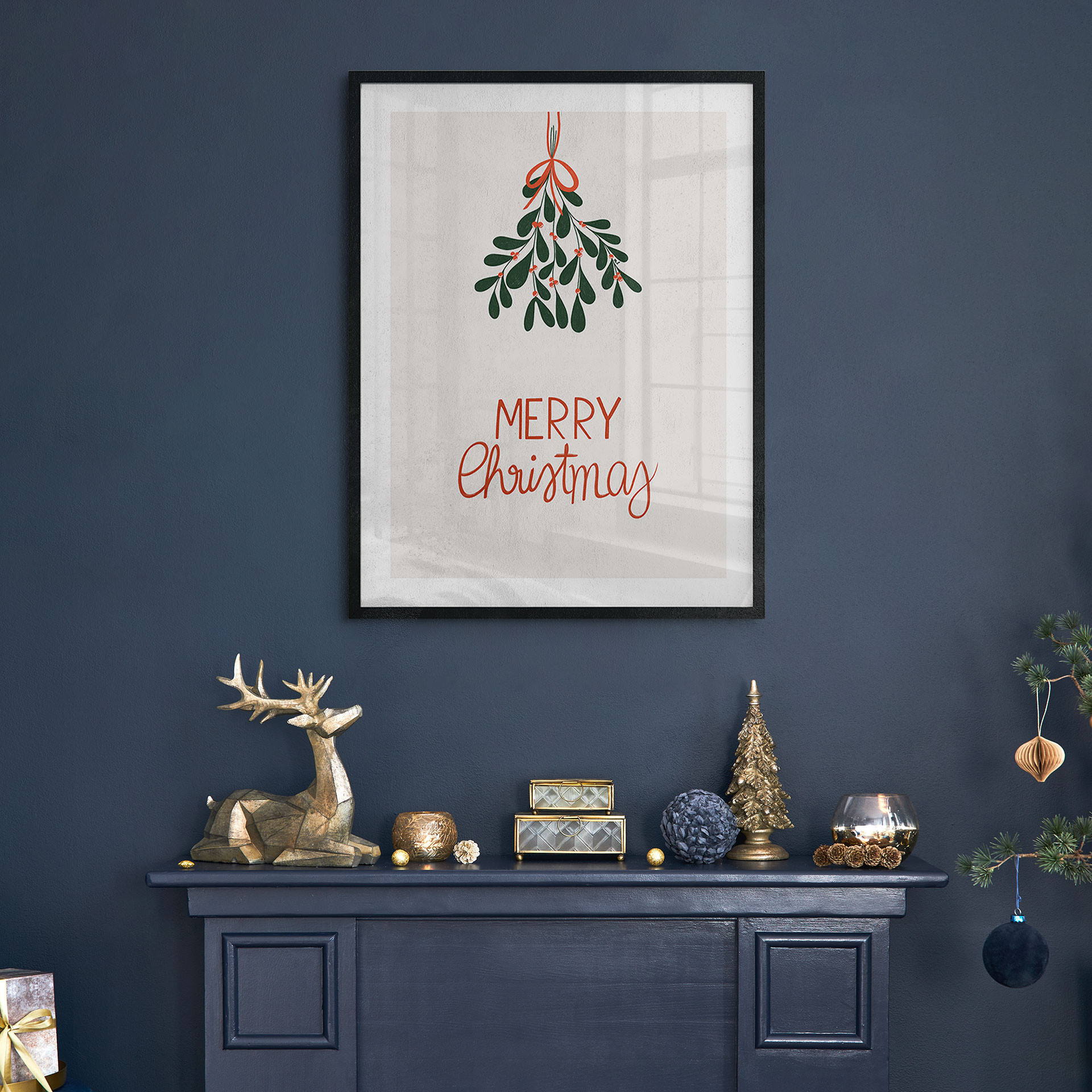 Weihnachtsposter Merry Christmas mit Mistelzweig - Menina Lisboa