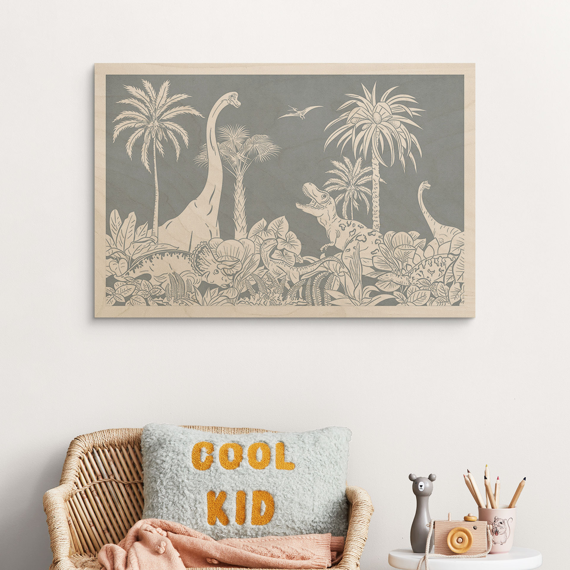 Plakat drewniany W krainie dinozaurów - Niebieski - Kikki Belle