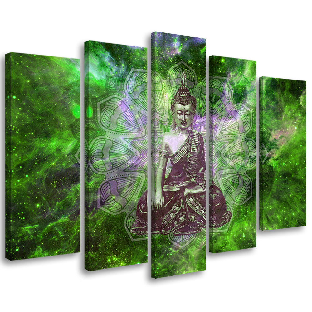 5 stykke lærredsprint, Buddha Mandala Naturgrøn