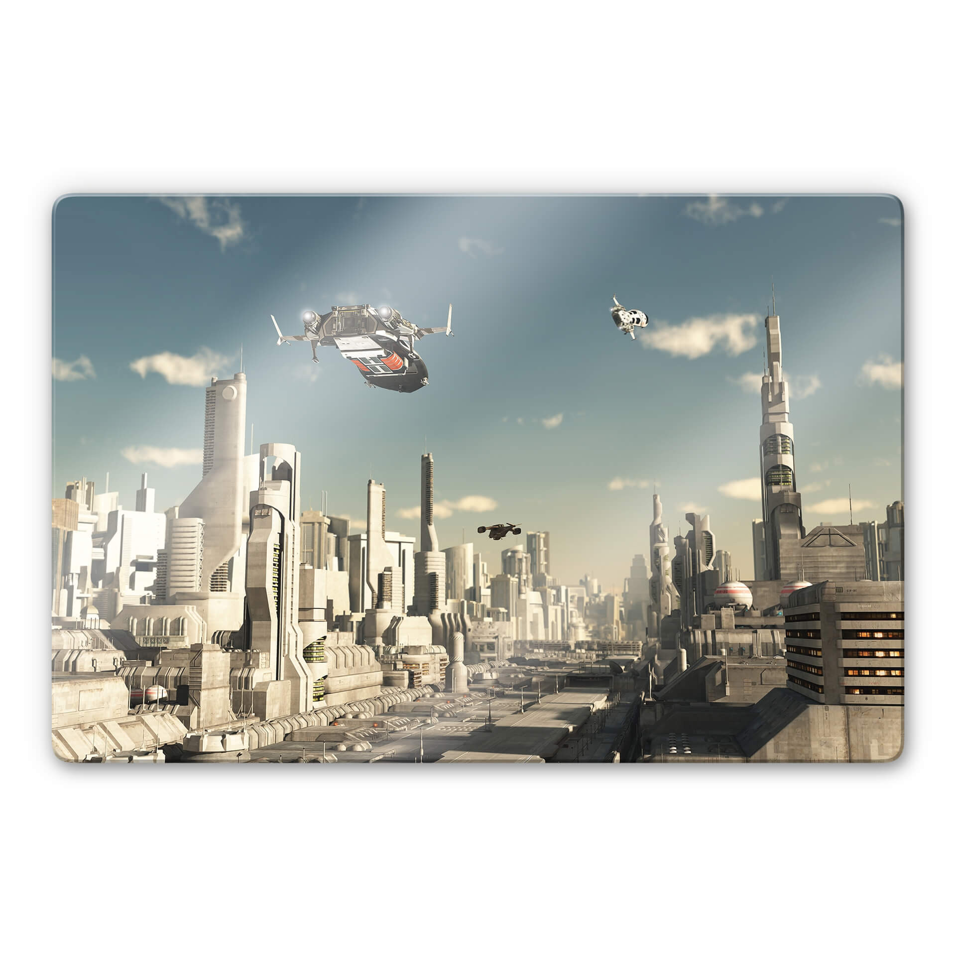 Glasbild - 3D Landeanflug Sci-Fi Stadt