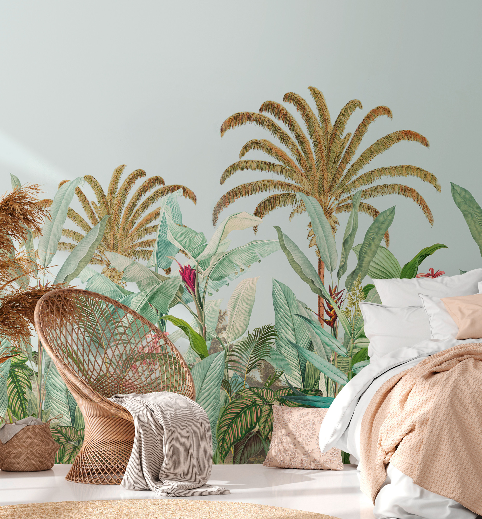 jungle behang blauw groen - vliesbehang botanisch Livingwalls - mat en glad