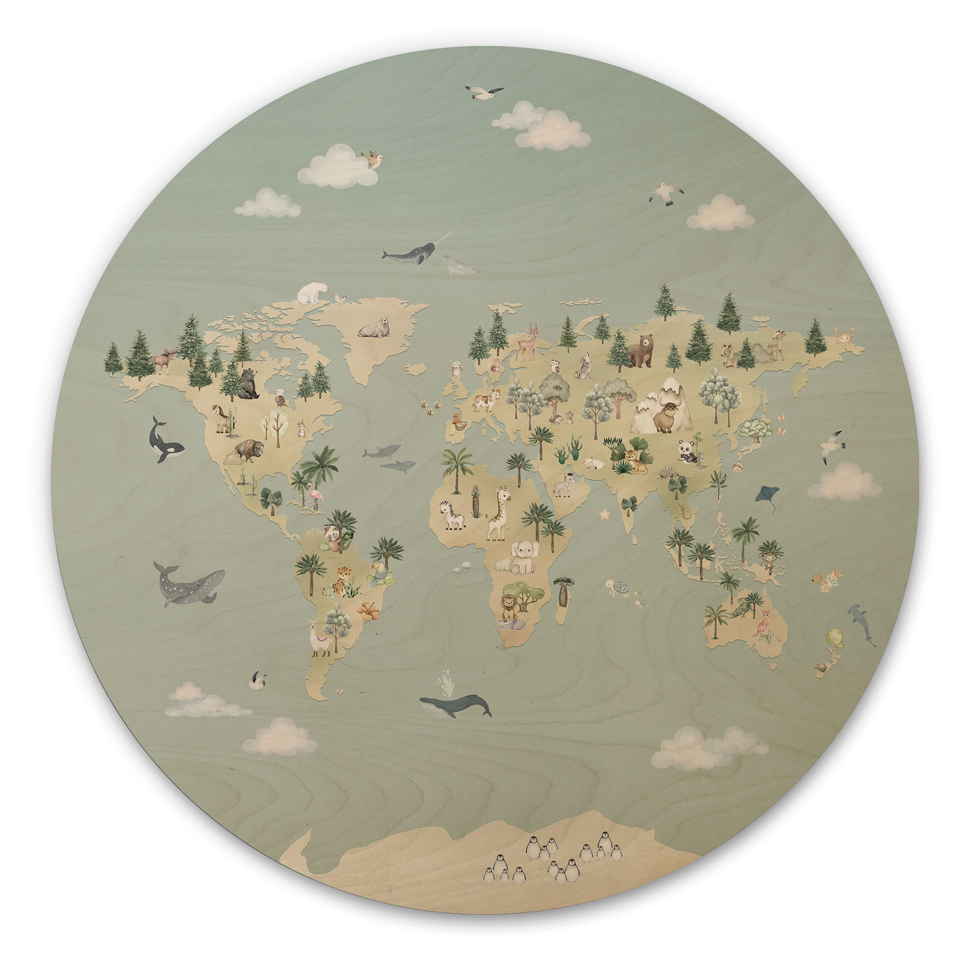 Drewniany obraz Mapa Świata - Świat Zwierząt - Oliver Robins - Okrągły