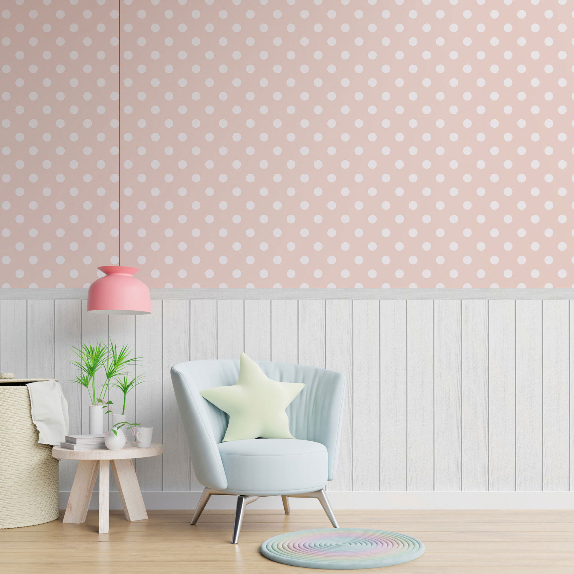 Roze stippen wit met houten paneel behang - Vliesbehang speels & uitrekbaar