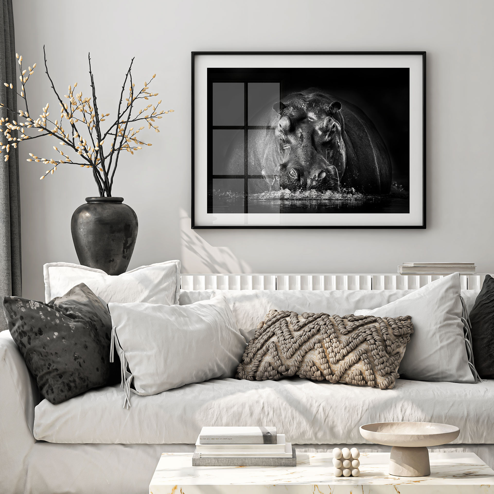 Poster Golob - Hippopotame qui Souffle | Photographie Animalière Noir et Blanc
