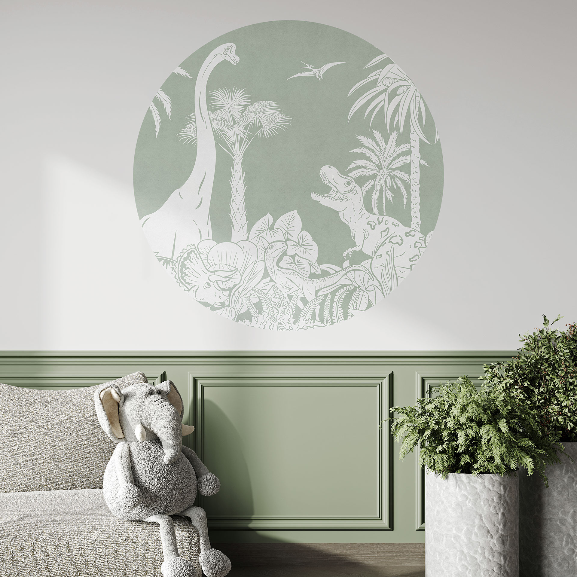 Wandtattoo Grüne Urzeitwelten - Dinosaurier unter Palmen - Kikki Belle - Rund