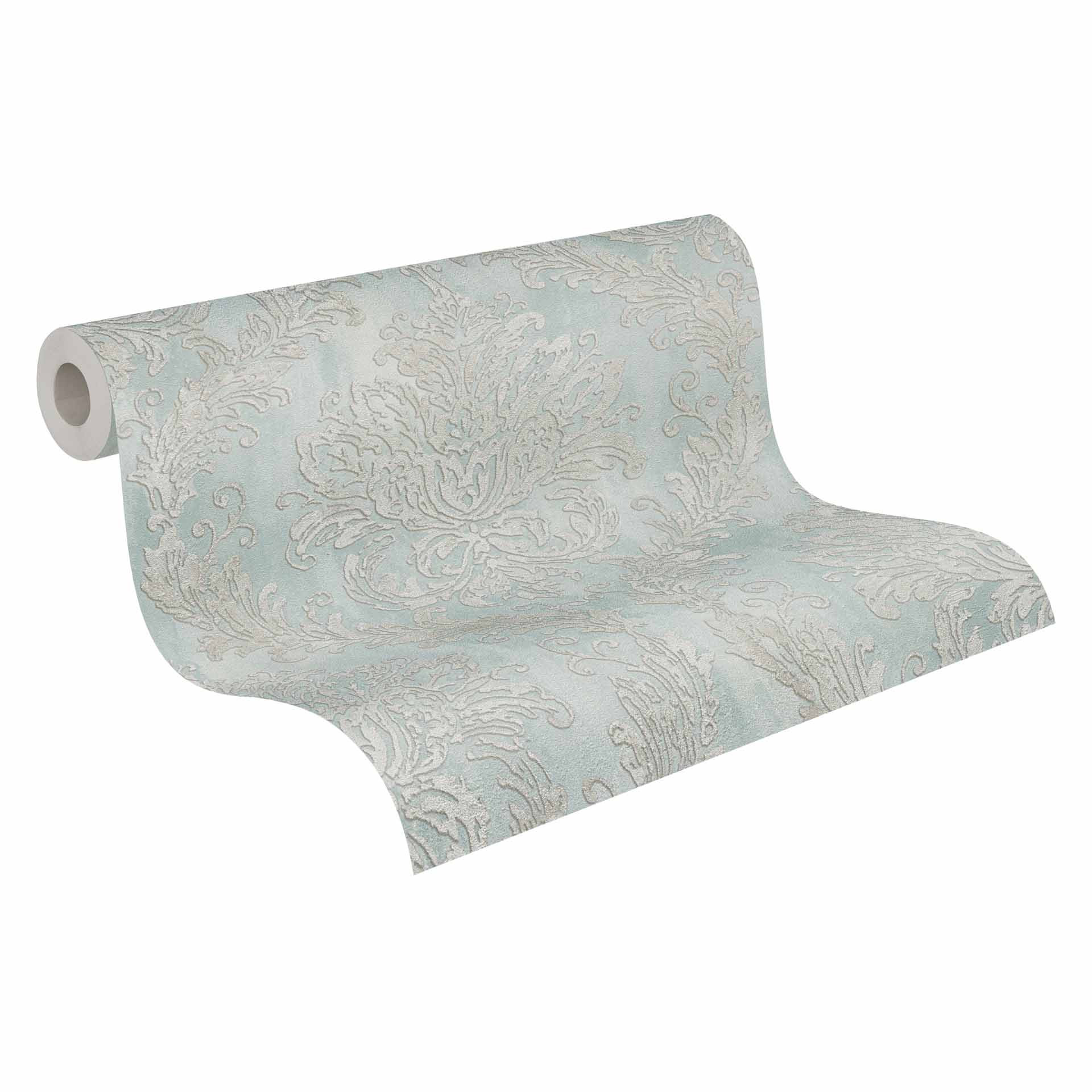 Barok behang lichtblauw zilver - Vliesbehang met monster - elegant patroonbehang