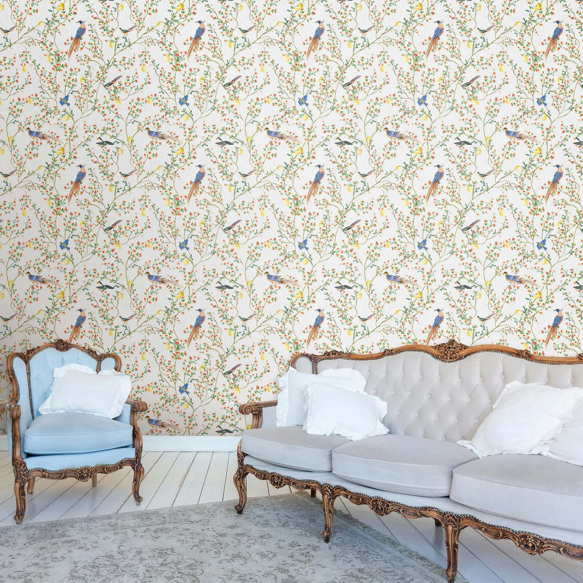 Vliesbehang vogels, bloemen bloemen natuur mat in grijs