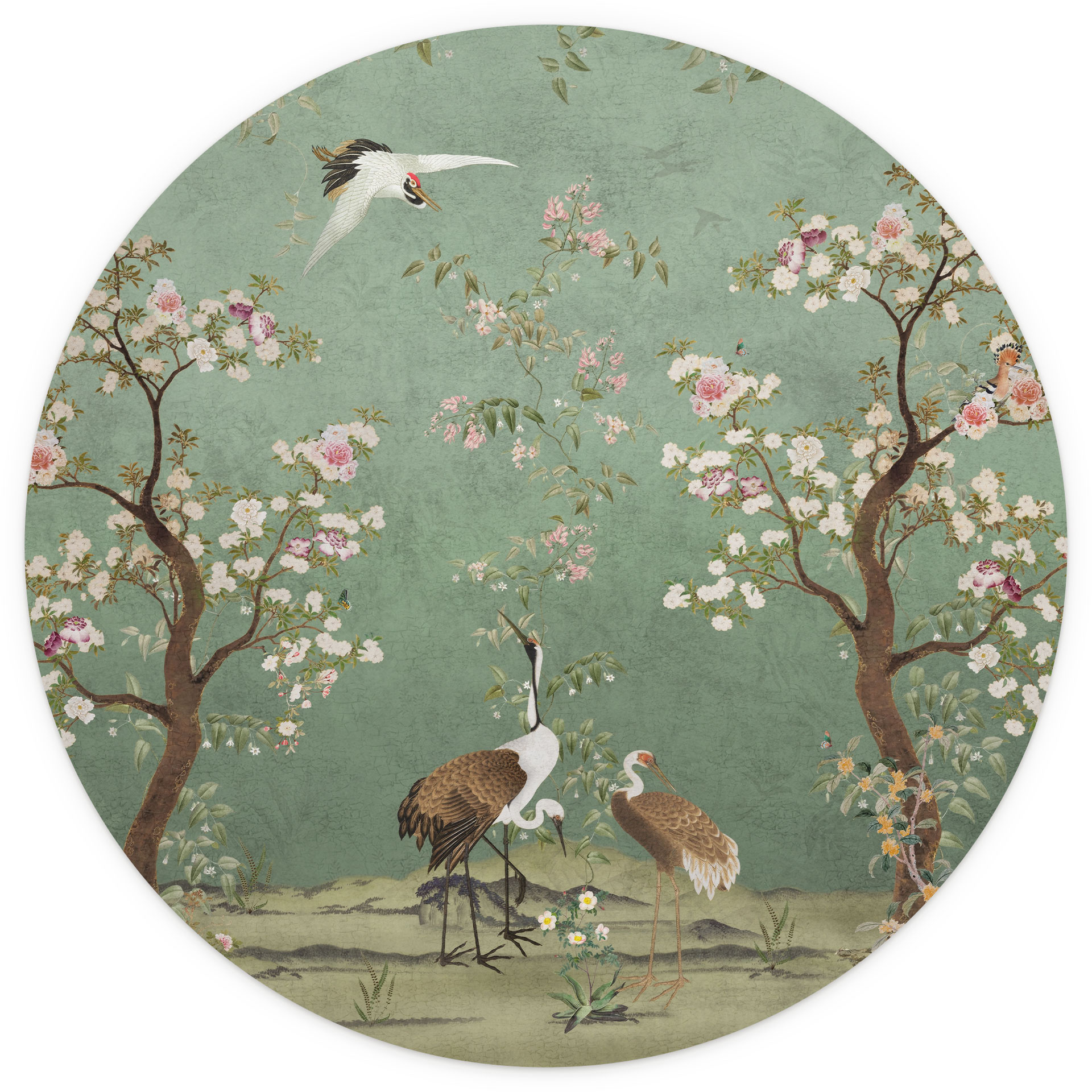Fotobehang Kraanvogels in bloemenlandschap - Bloemdecor - Rond - Zelfklevend/niet-geweven