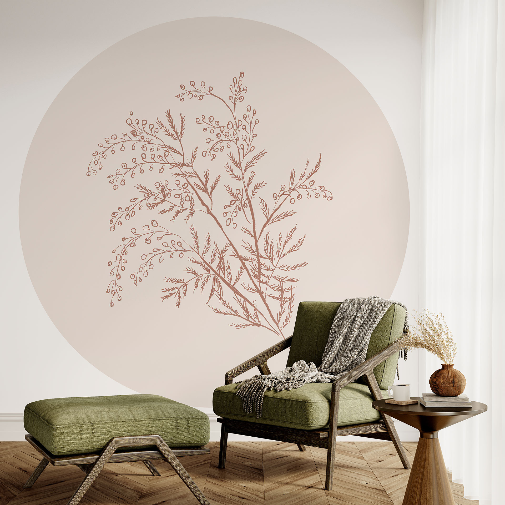 Tak van acacia in mokkakleur | Botanicals Fotobehang - anijs illustratie - rond - vliesbehang/zelfkl