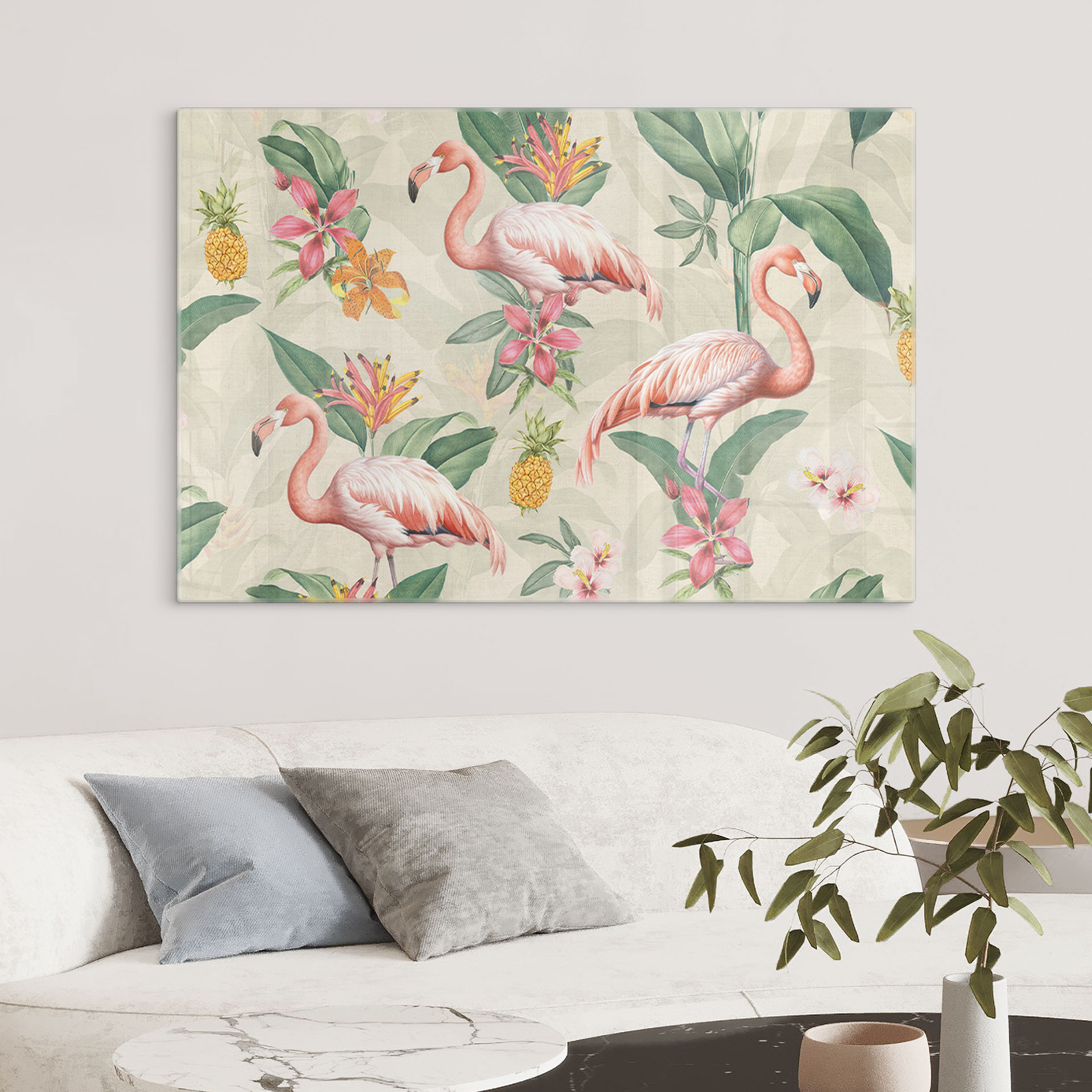 Glasbillede - Flamingo og tropiske blade - Bloomery Decor