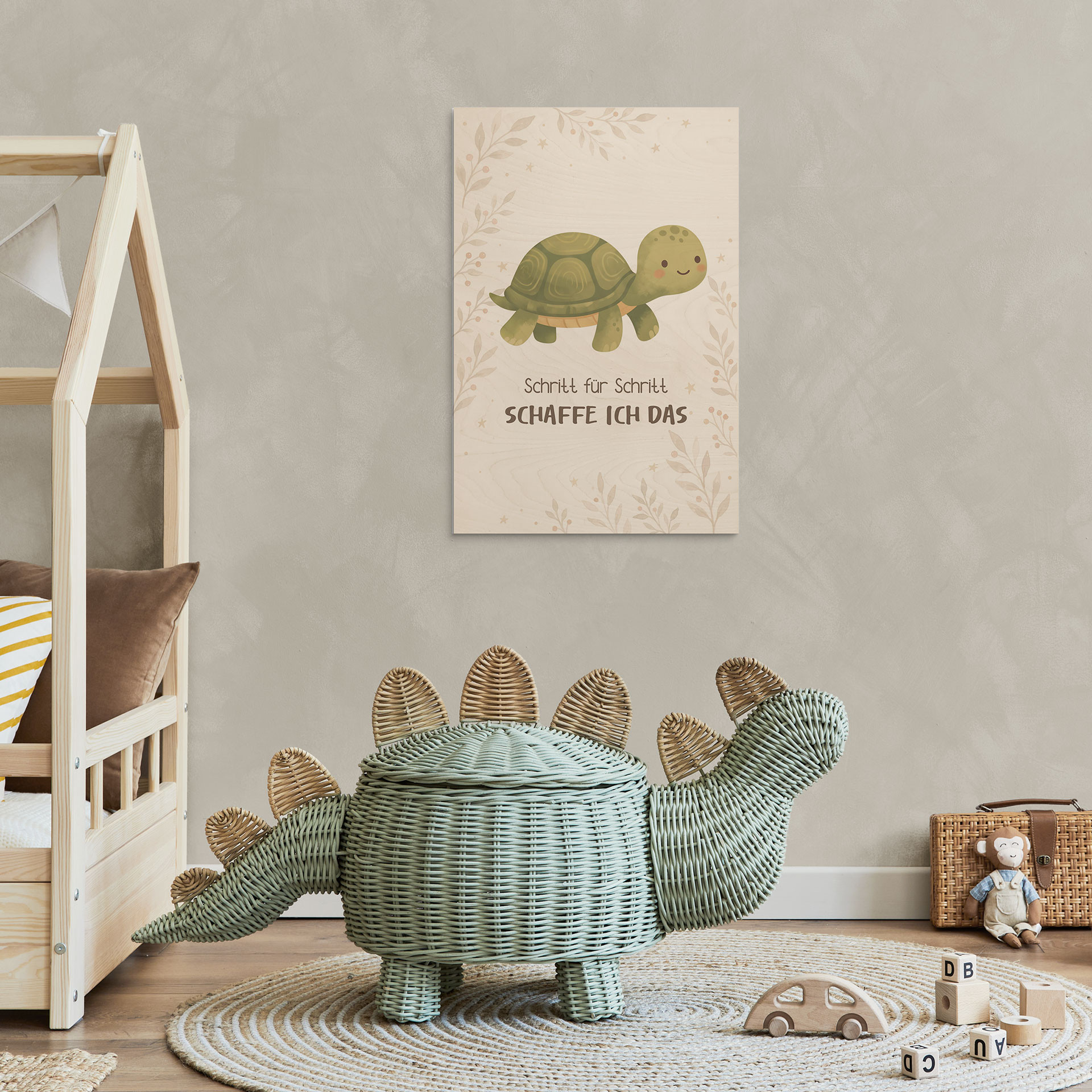 Holzbild mit gemütlicher Schildkröte - Glaubenssatz 'Schritt für Schritt schaffe ich das'