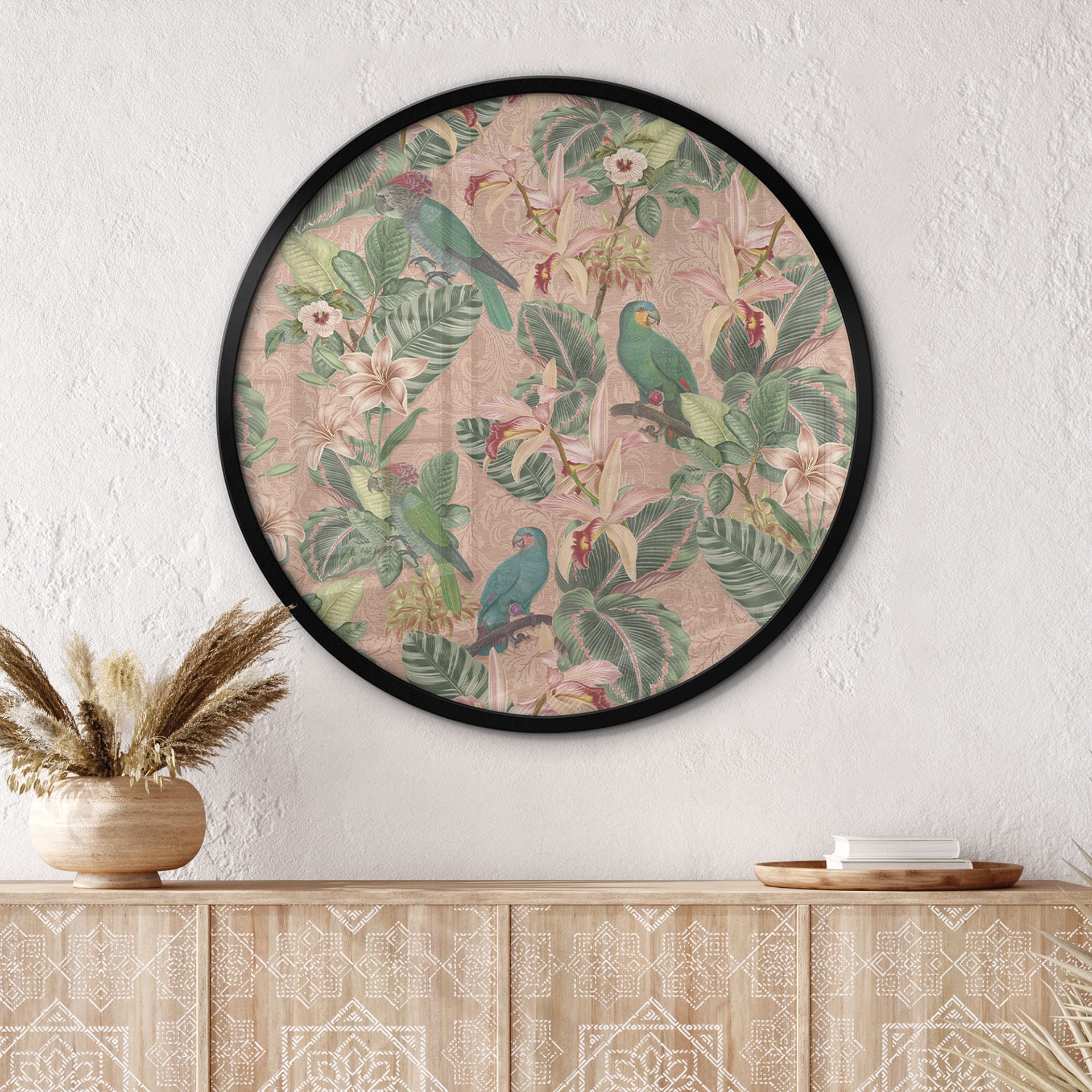 Poster jungle avec perroquets roses - Bloomery Decor - Rond