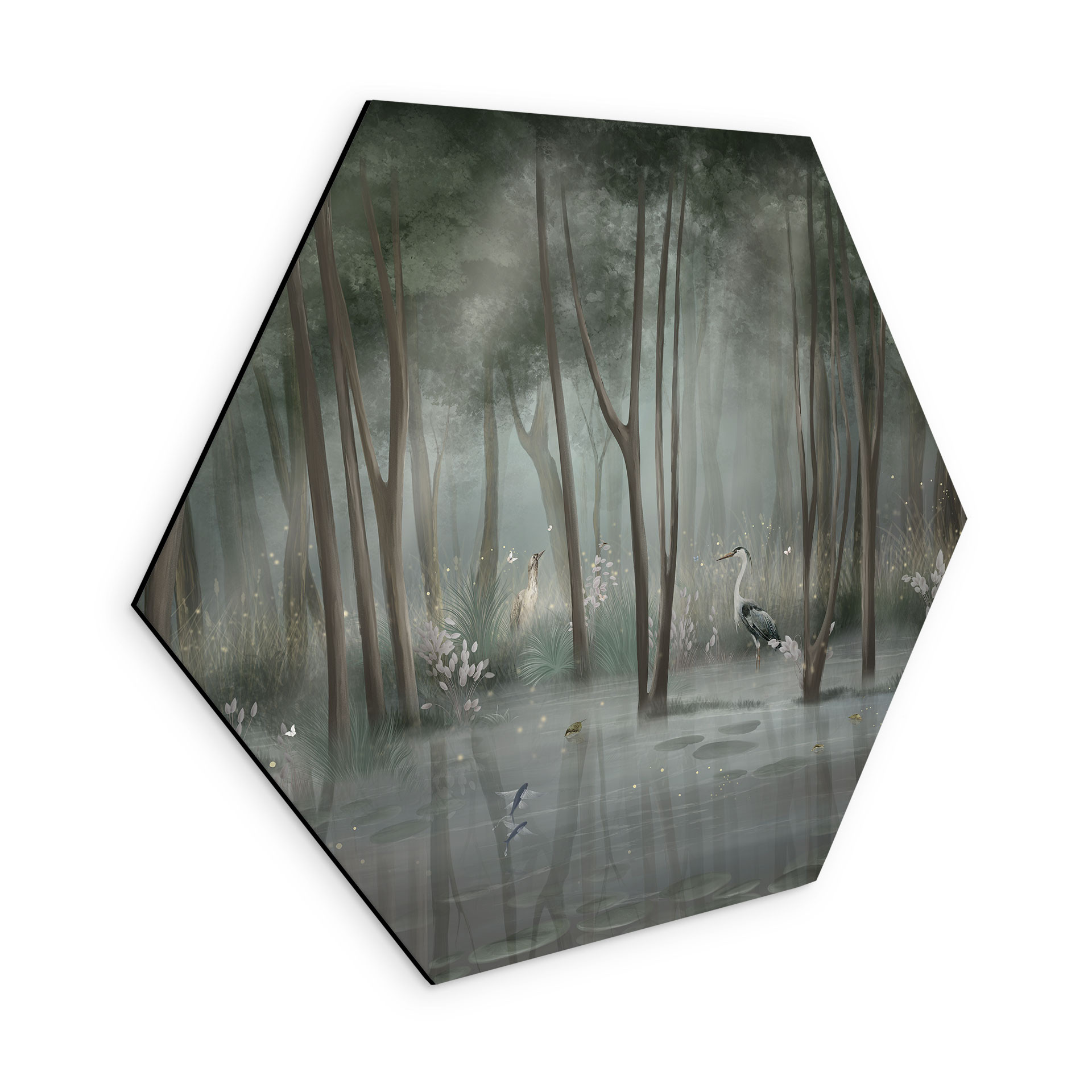 Wanddecoratie wolkenbos aan het meer met reiger in het groen - Ms Tiff - Aluminium Dibond