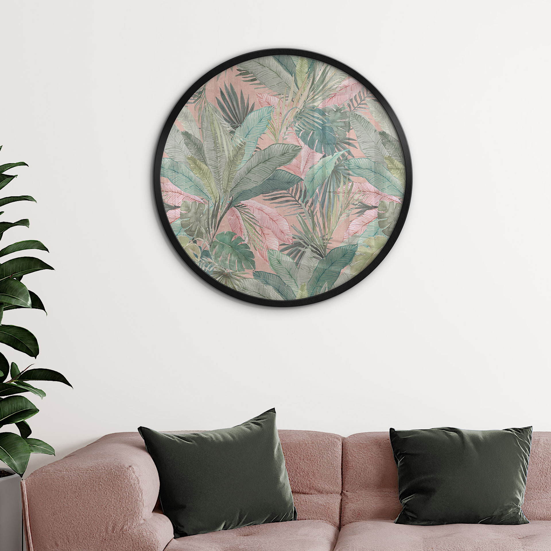Poster Feuilles tropicales dans la jungle rose - Décorations Bloomery - Rond