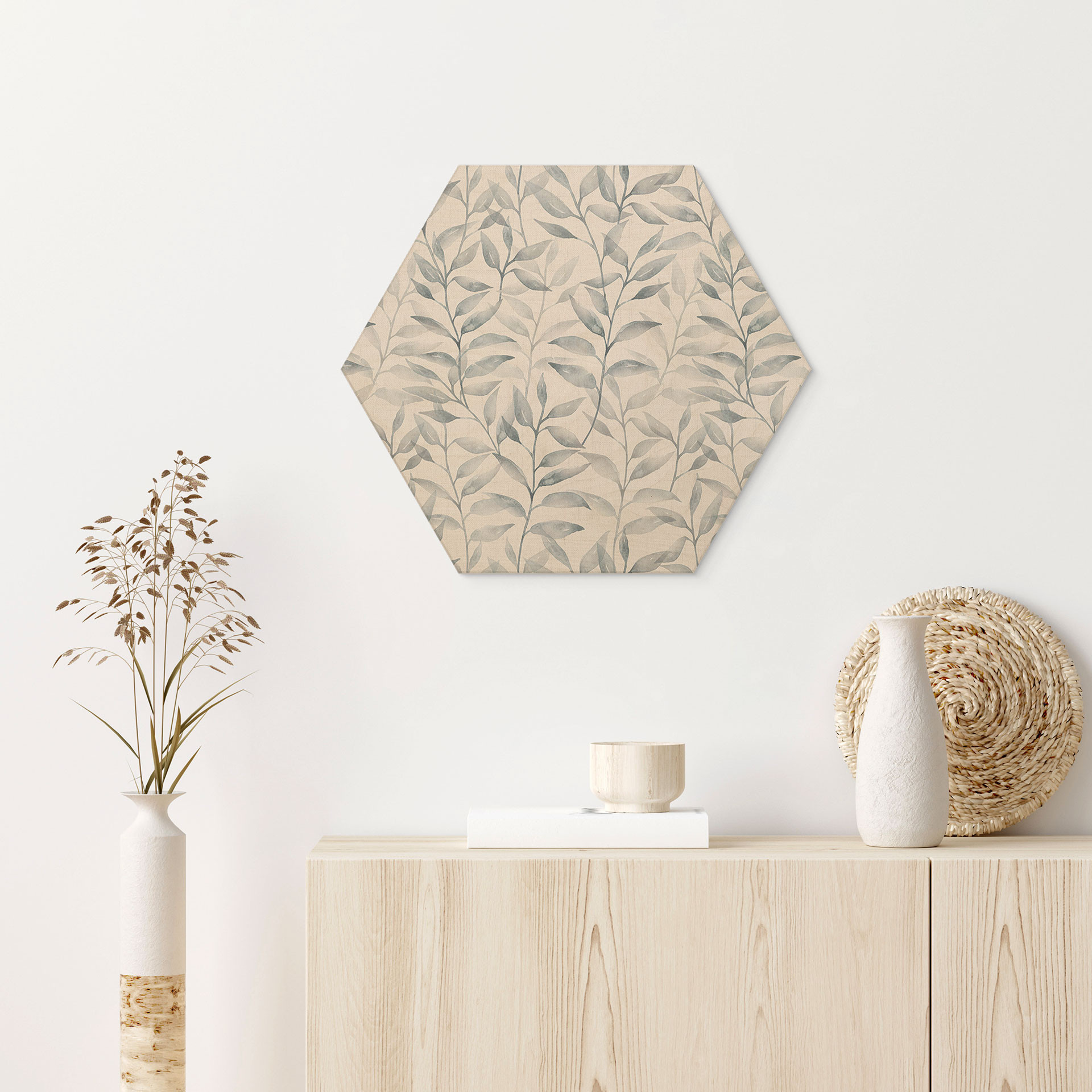 Sekskantet Billede af træ Delikate akvarelblade - blød grå - Bloomery Decor