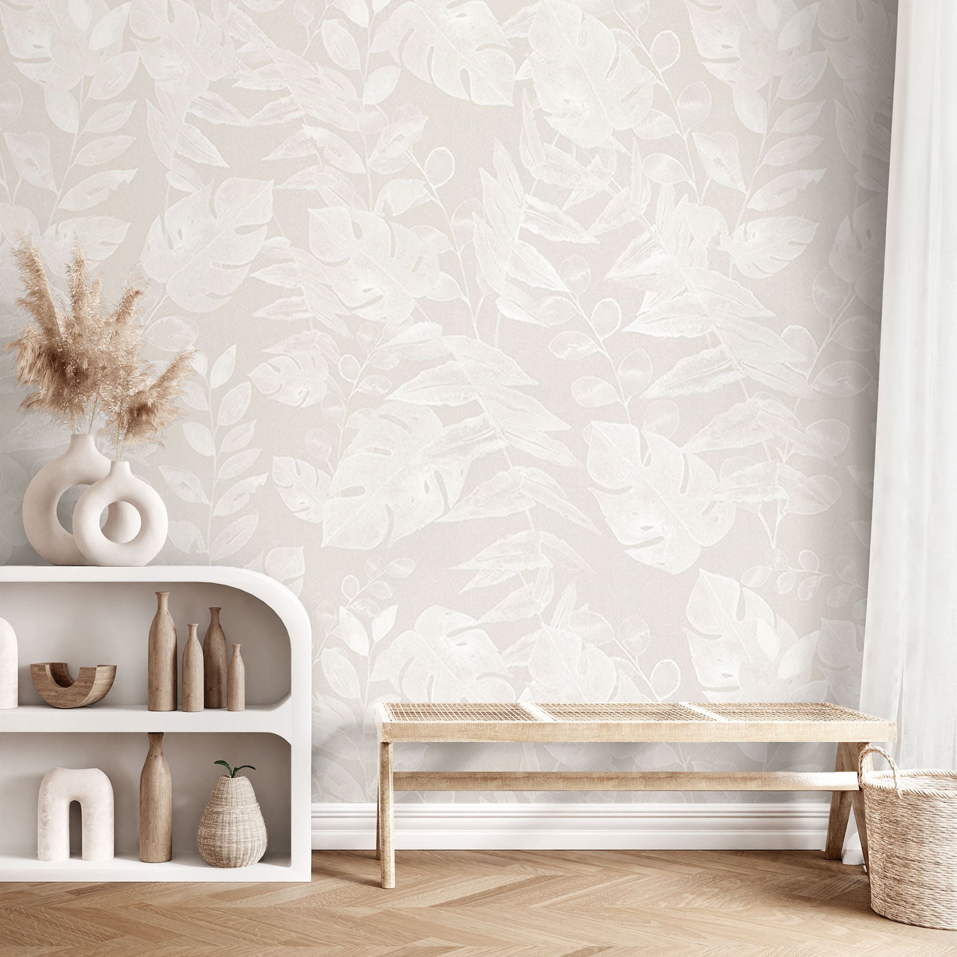 Jungle Planten - Tropische Bladeren Beige Fotobehang - Bloeiende Decoratie